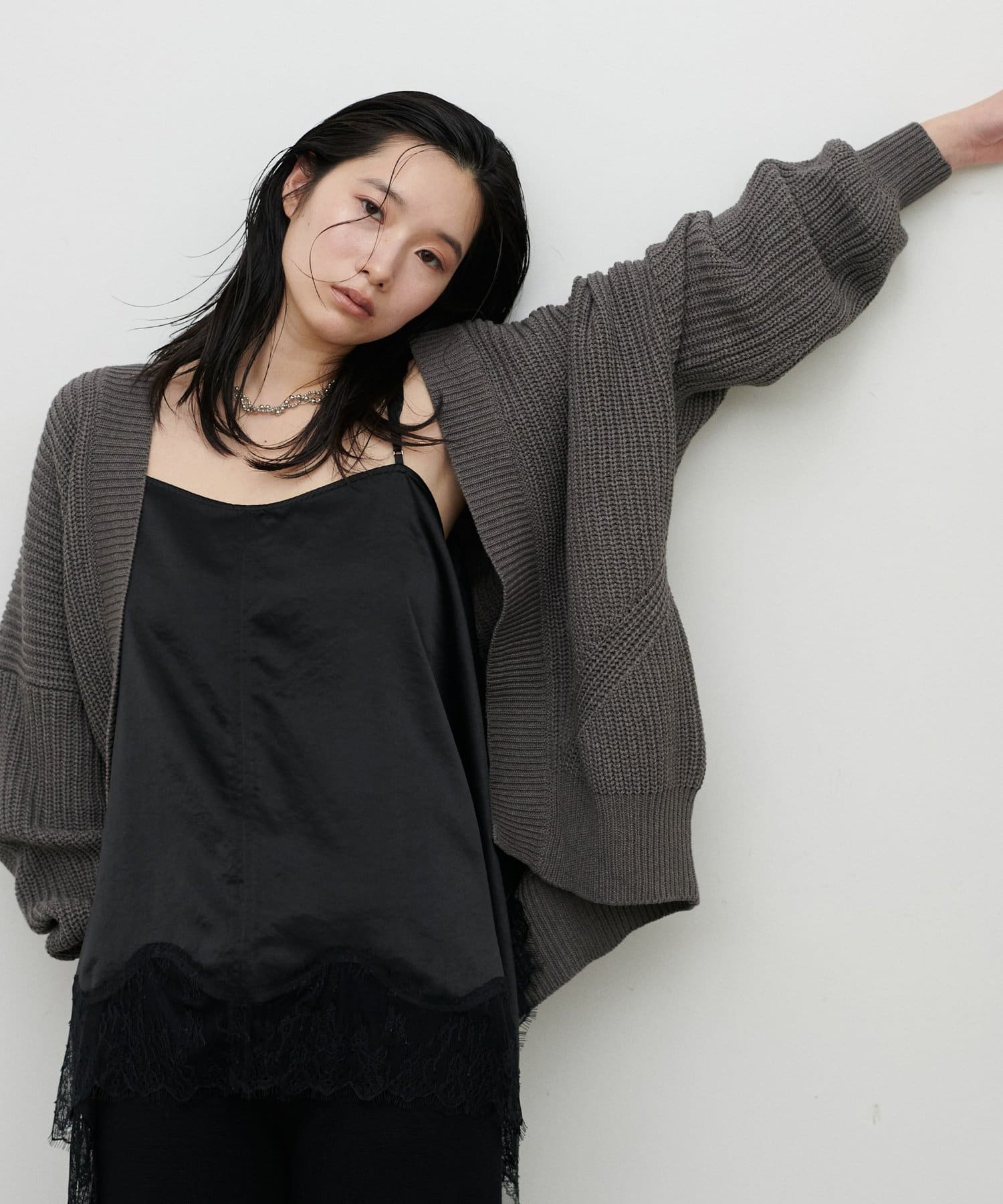 LARUTA(ラルータ) ドロップショルダー片畦ニットカーディガン