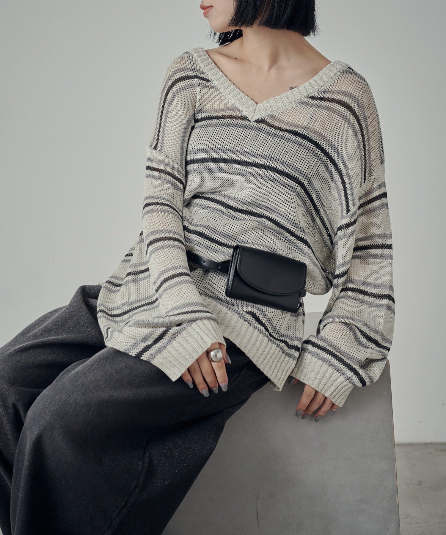 -goocy-(グーシー) Vネックボーダーシアーニット