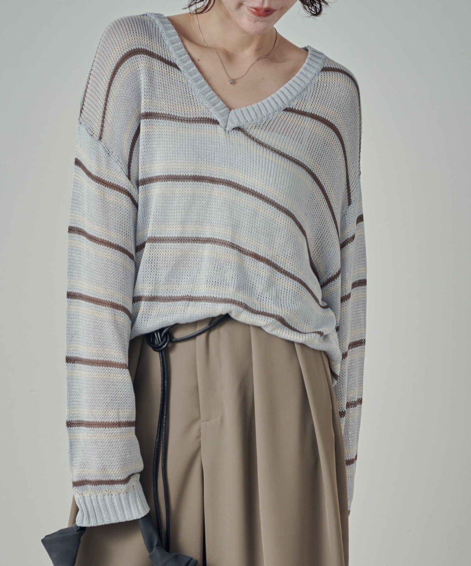 -goocy-(グーシー) Vネックボーダーシアーニット