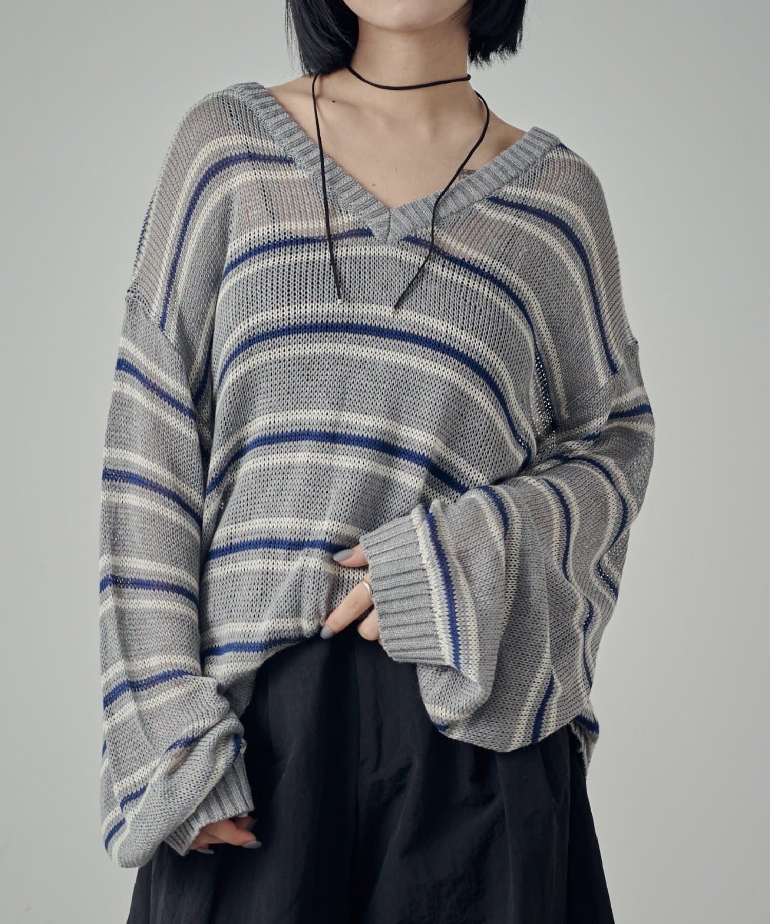 -goocy-(グーシー) Vネックボーダーシアーニット