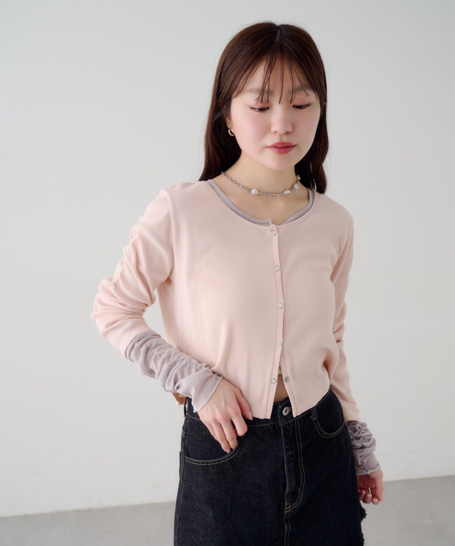 Kastane(カスタネ) 袖チュールテレコカーディガン