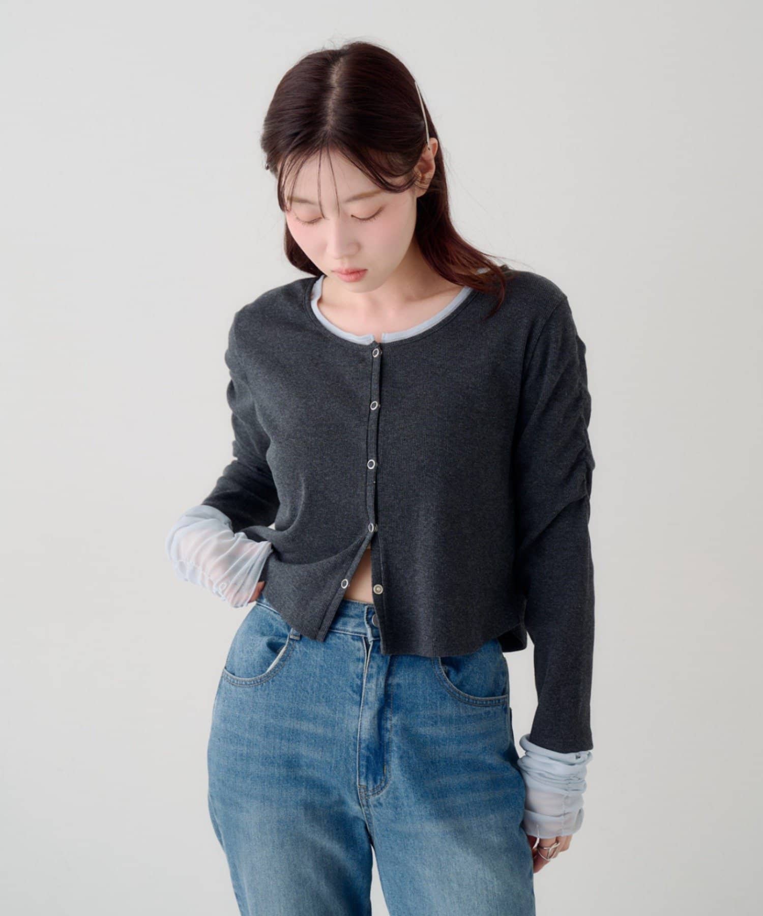 Kastane(カスタネ) 袖チュールテレコカーディガン