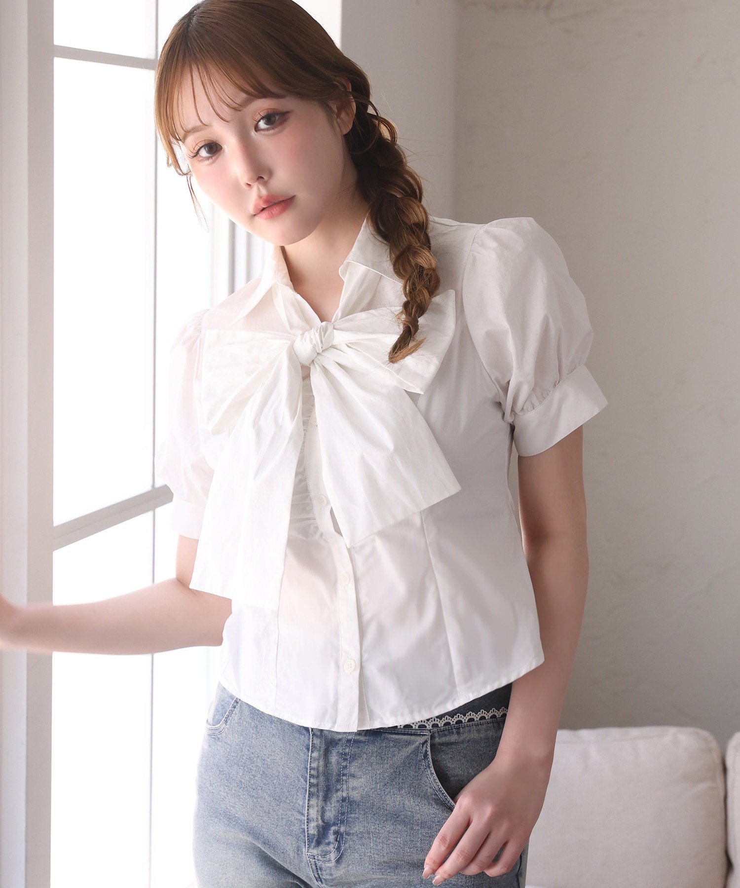 one after another NICE CLAUP(ワンアフターアナザー ナイスクラップ) 半袖フロントギャザーボウタイブラウス