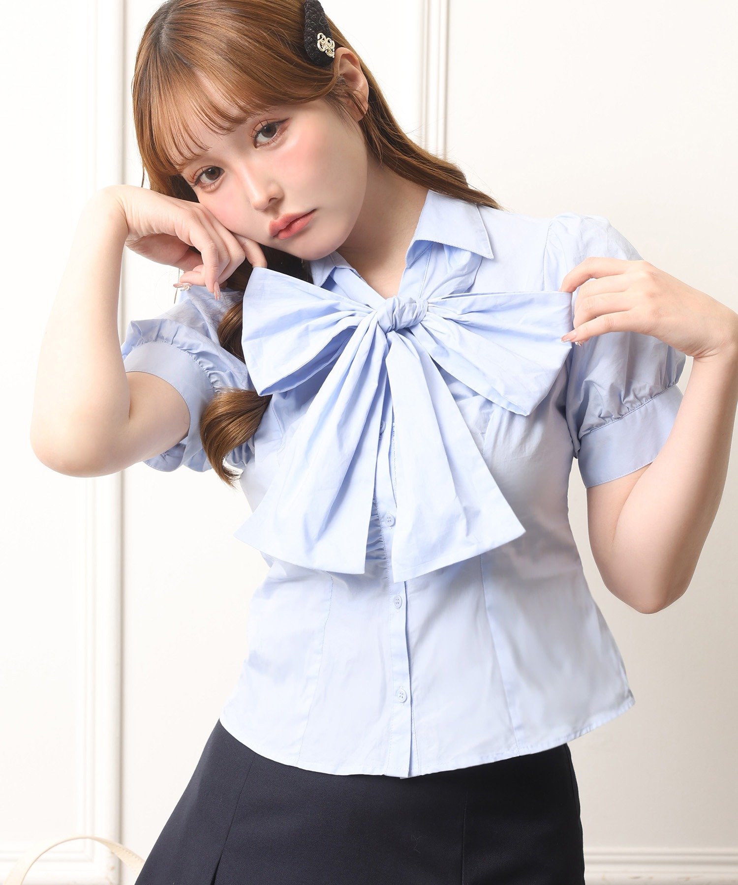 one after another NICE CLAUP(ワンアフターアナザー ナイスクラップ) 半袖フロントギャザーボウタイブラウス