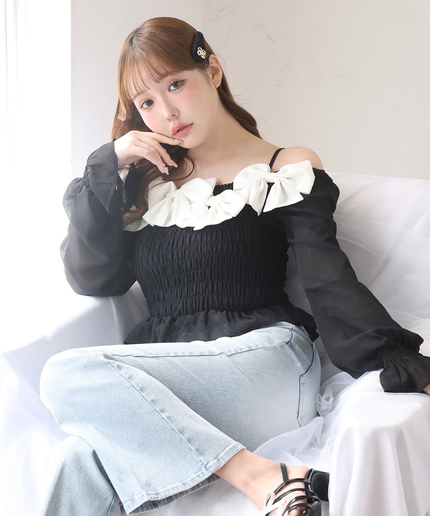 one after another NICE CLAUP(ワンアフターアナザー ナイスクラップ) シャーリングリボンブラウス