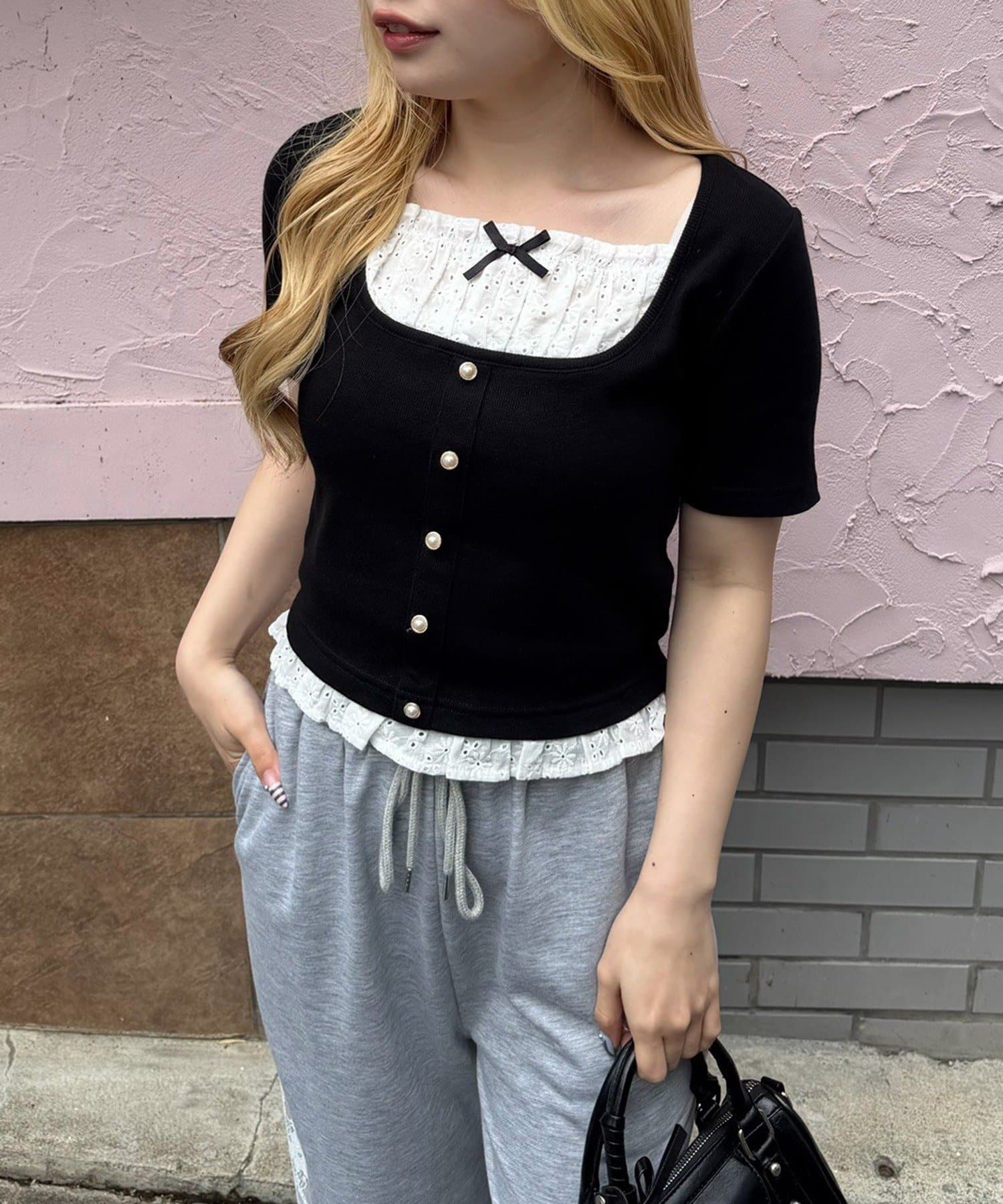 NICE CLAUP / OLIVE des OLIVE OUTLET(ナイスクラップ  / オリーブ デ オリーブ アウトレット) 【continuer de】レースドッキングテレコT