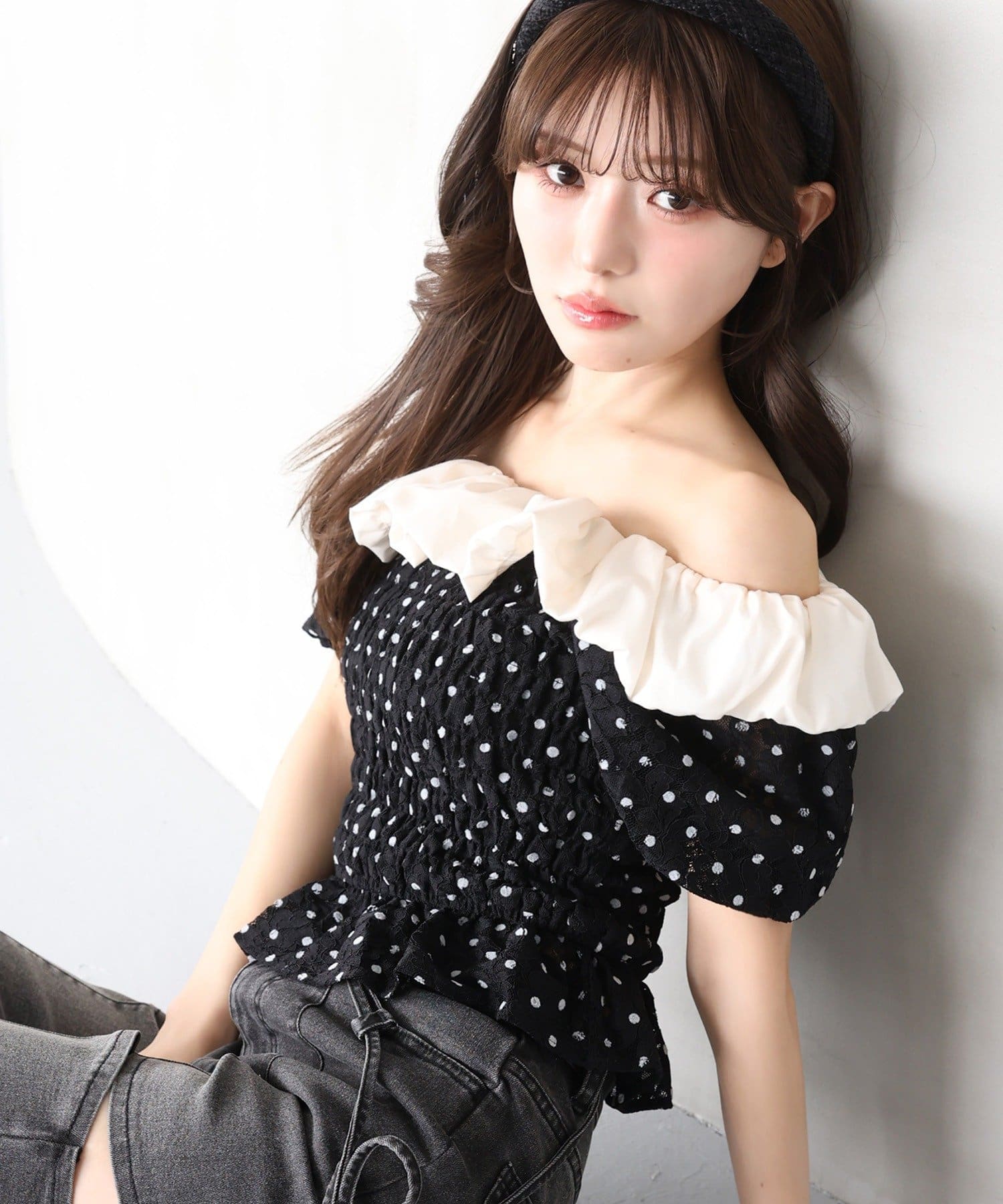 one after another NICE CLAUP(ワンアフターアナザー ナイスクラップ) 2WAYシャーリングブラウス