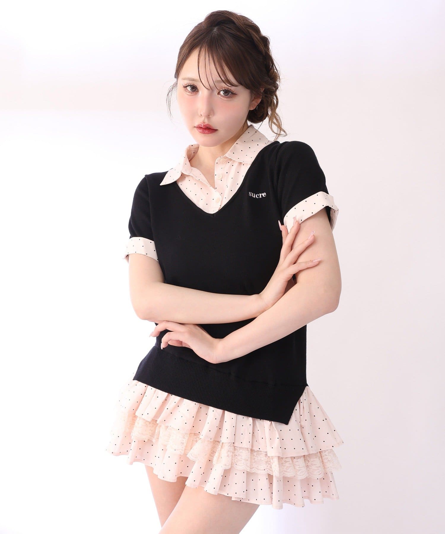 one after another NICE CLAUP(ワンアフターアナザー ナイスクラップ) ニットドッキング半袖シャツチュニック