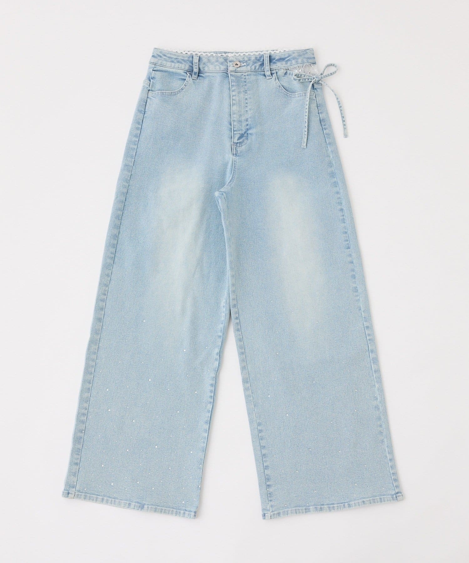 one after another NICE CLAUP(ワンアフターアナザー ナイスクラップ) 【選べる3サイズ】サイドカットレース美脚ビジューワイドデニム