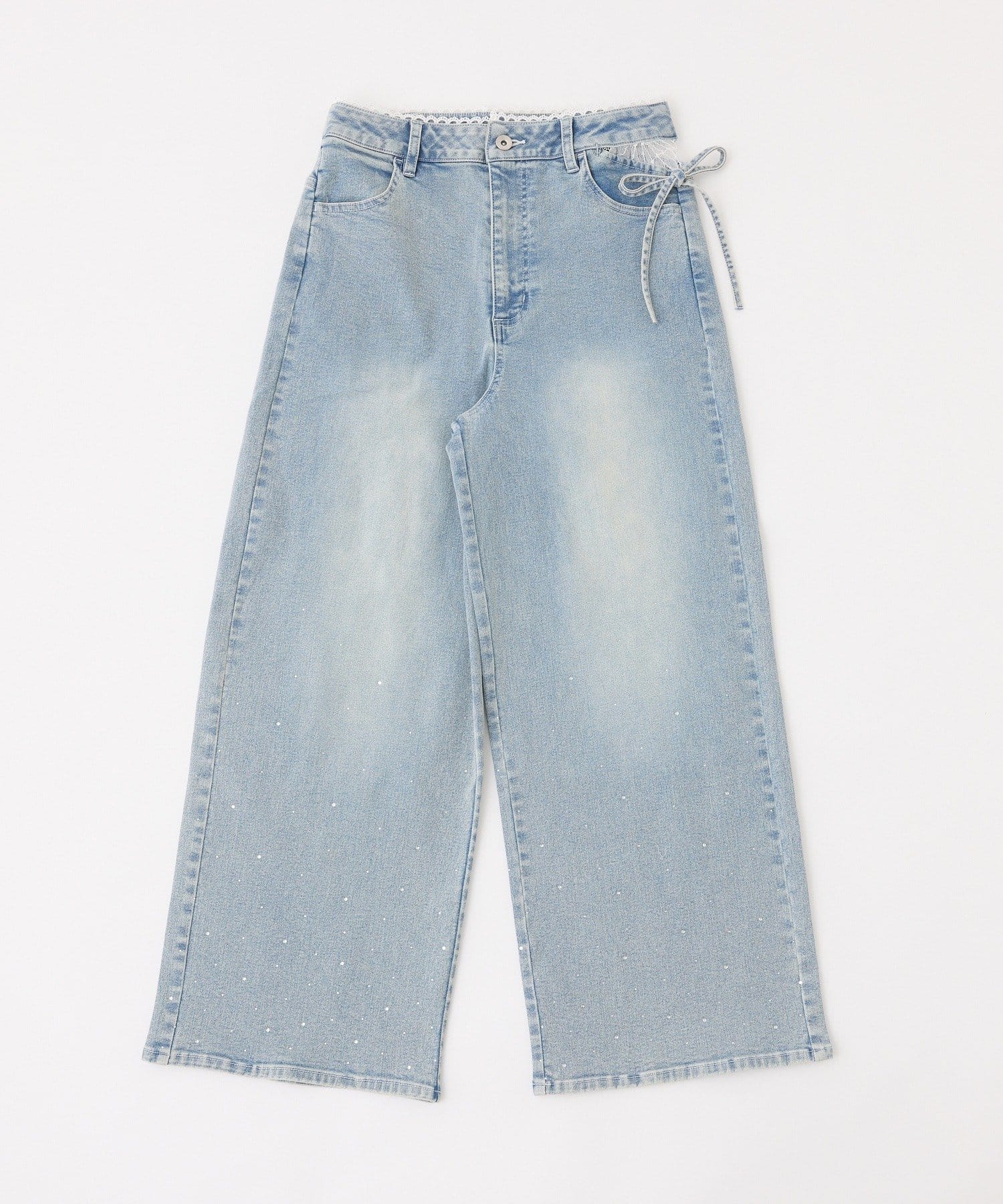 one after another NICE CLAUP(ワンアフターアナザー ナイスクラップ) 【選べる3サイズ】サイドカットレース美脚ビジューワイドデニム