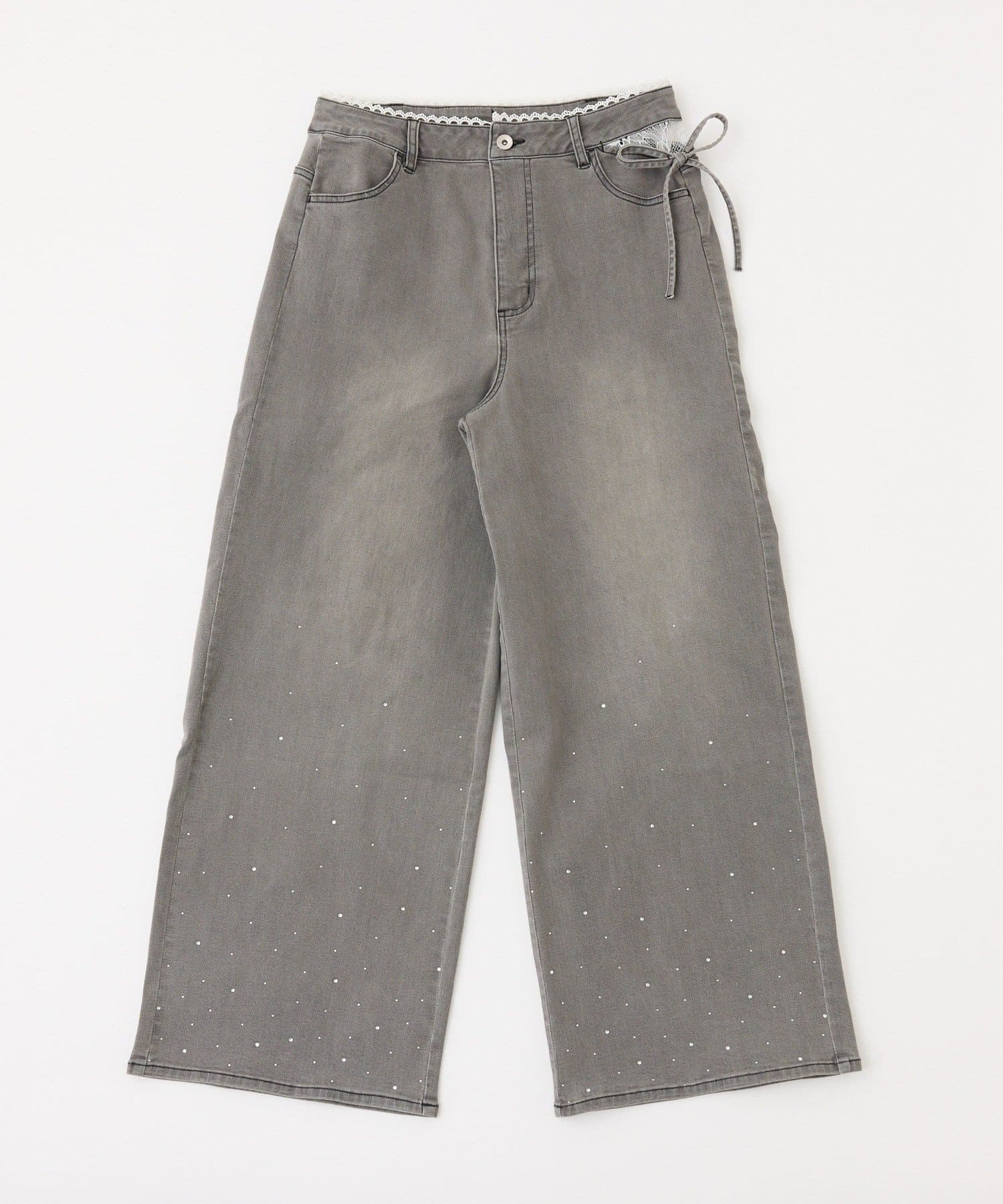 one after another NICE CLAUP(ワンアフターアナザー ナイスクラップ) 【選べる3サイズ】サイドカットレース美脚ビジューワイドデニム