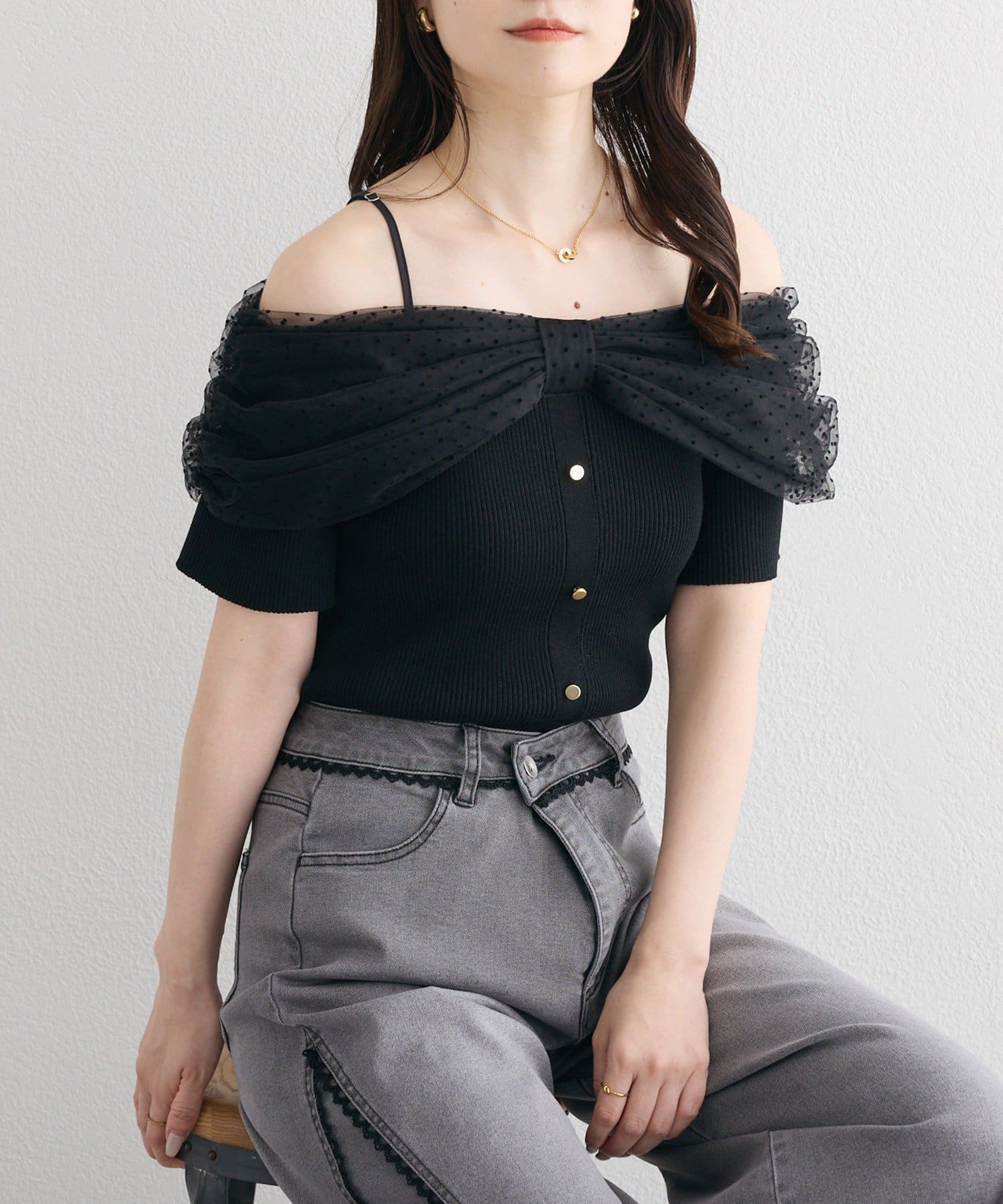 one after another NICE CLAUP(ワンアフターアナザー ナイスクラップ) リボンチュールオフショルニット