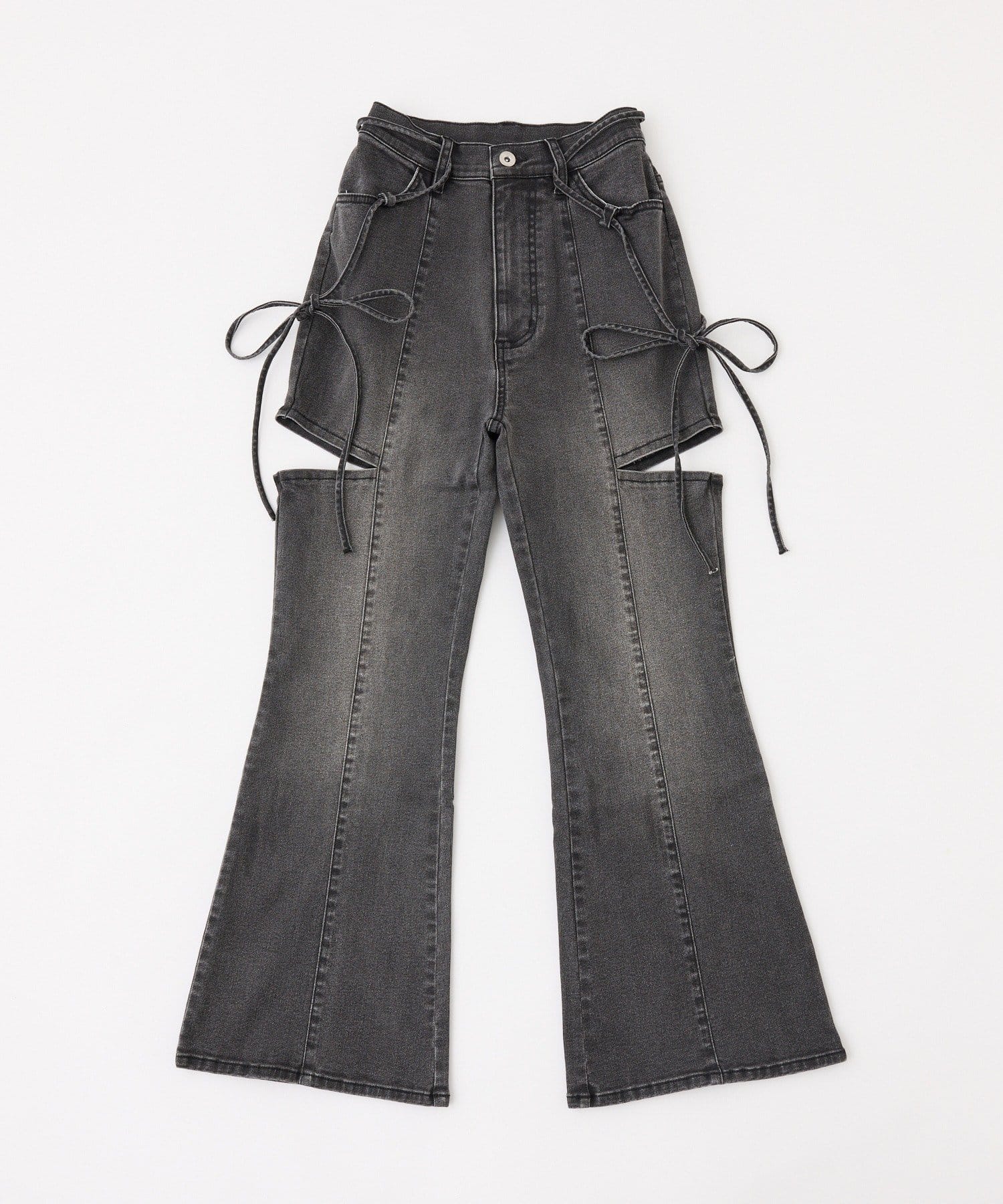 one after another NICE CLAUP(ワンアフターアナザー ナイスクラップ) 【SMサイズ展開あり】サイドスリットリボン美脚デニムパンツ