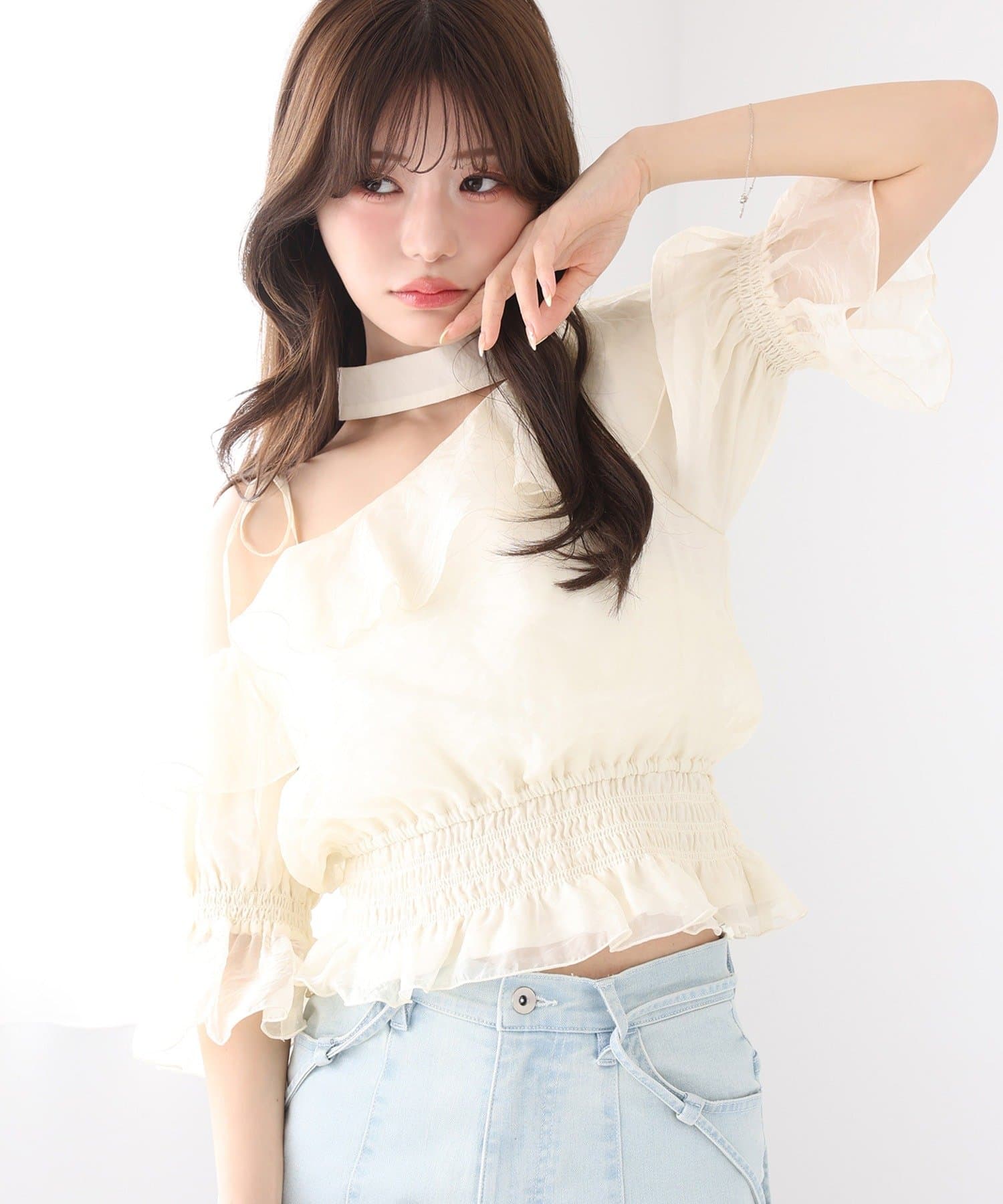 one after another NICE CLAUP(ワンアフターアナザー ナイスクラップ) 2WAYワンショルフリル半袖ブラウス