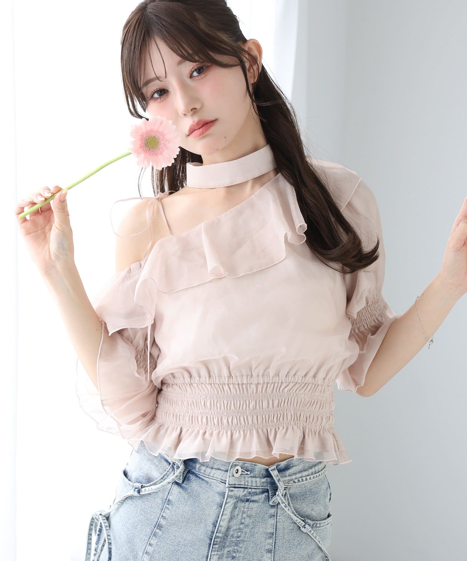 one after another NICE CLAUP(ワンアフターアナザー ナイスクラップ) 2WAYワンショルフリル半袖ブラウス