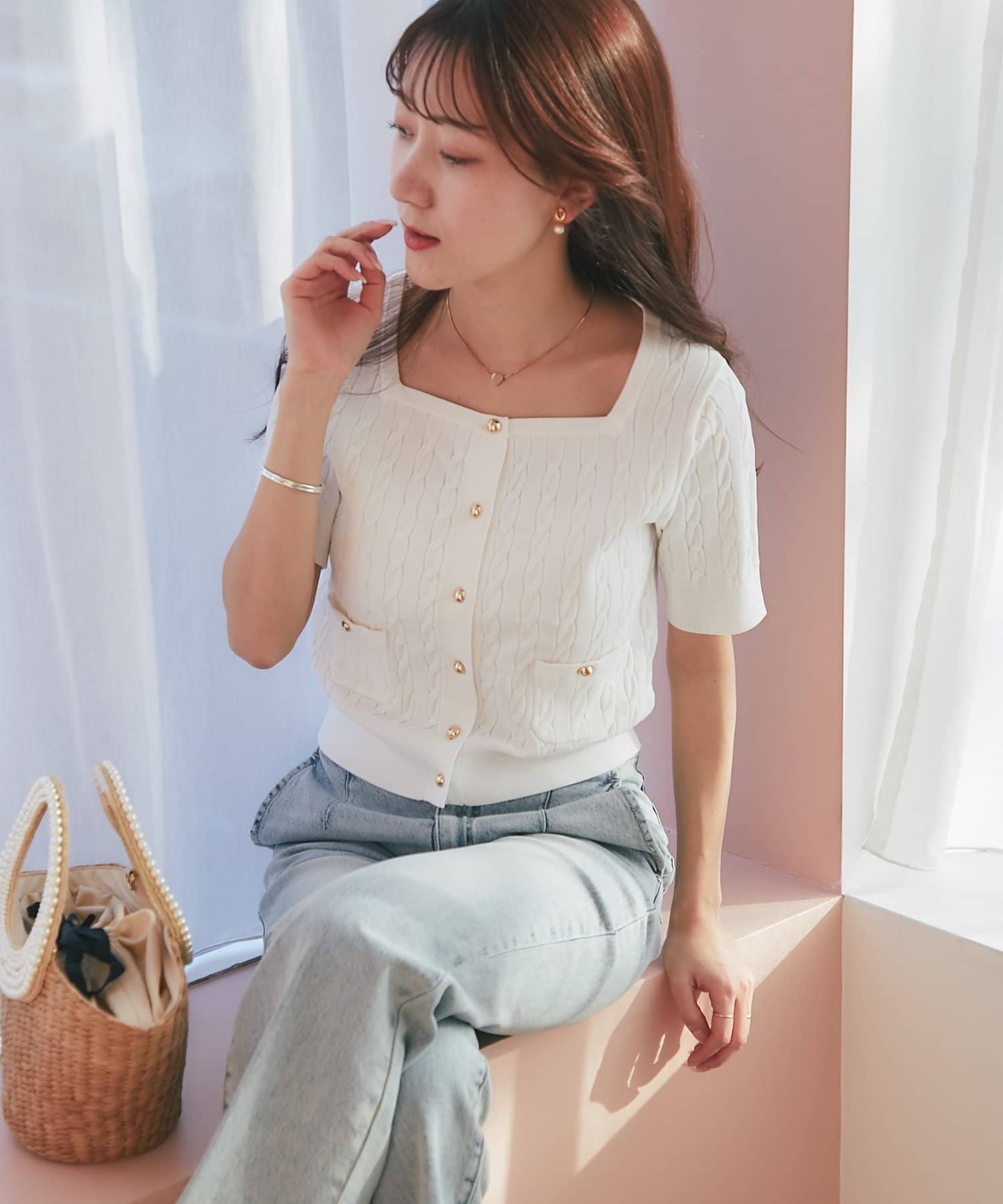 La boutique BonBon(ラブティックボンボン) 【接触冷感・1枚で決まる！】クールタッチケーブル半袖ニットカーディガン