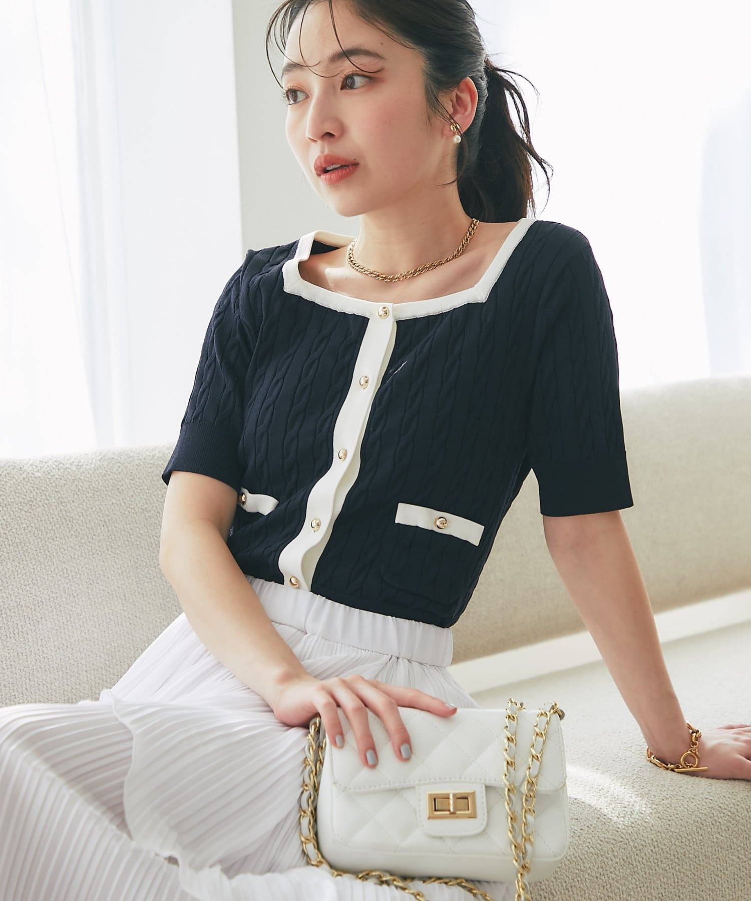 La boutique BonBon(ラブティックボンボン) 【接触冷感・1枚で決まる！】クールタッチケーブル半袖ニットカーディガン