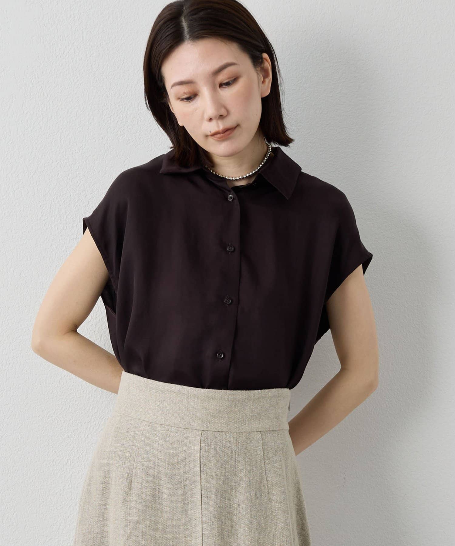 Whim Gazette(ウィム ガゼット) 【Drawing Numbers】キュプラノースリーブスリットブラウス