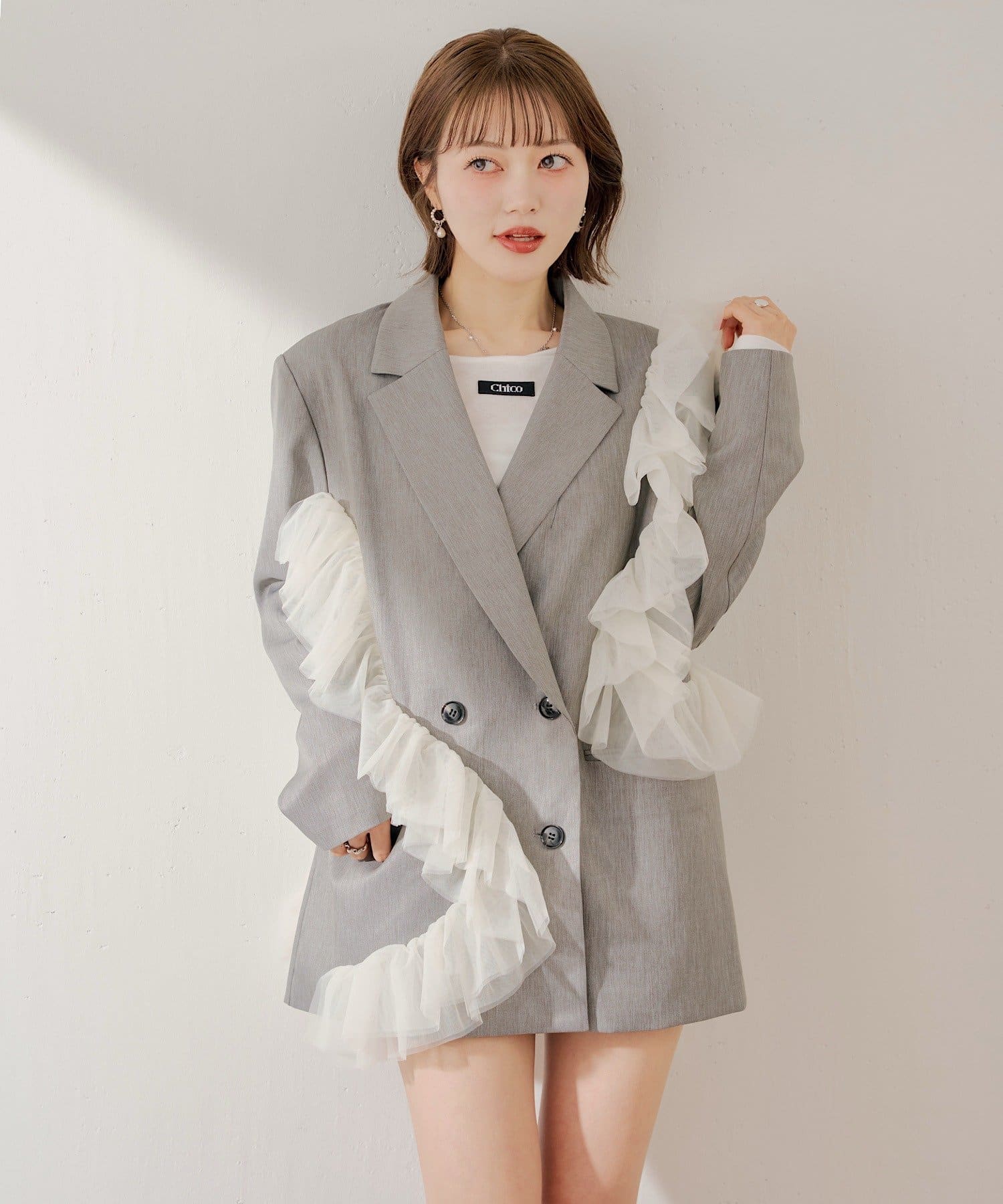 Chico(チコ) 【ほのかコラボ企画】チュールフリルテーラードジャケット