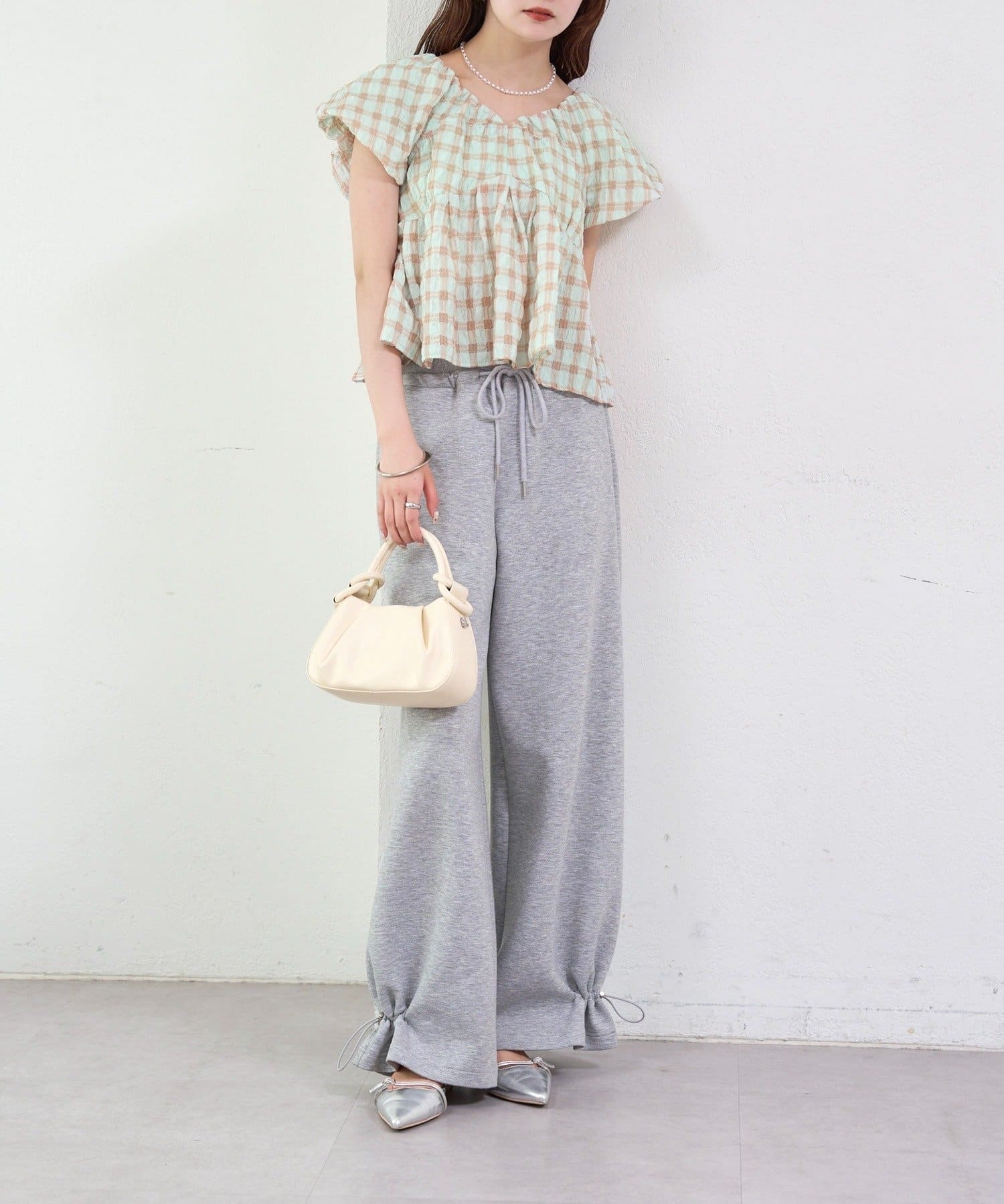 mystic(ミスティック) 《WEB限定/グリーン》チェックパフブラウス