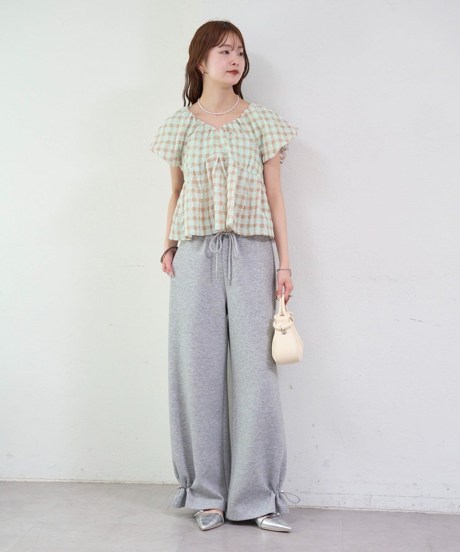 mystic(ミスティック) 《WEB限定/グリーン》チェックパフブラウス