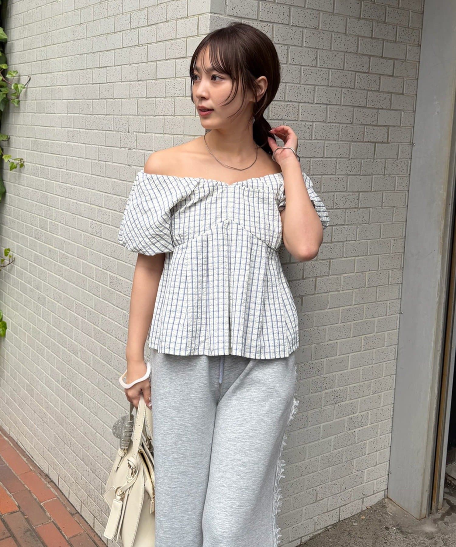 mystic(ミスティック) 《@sktnnmセレクト/BLU》【4/2(THU) 12:00予約START】チェックパフブラウス