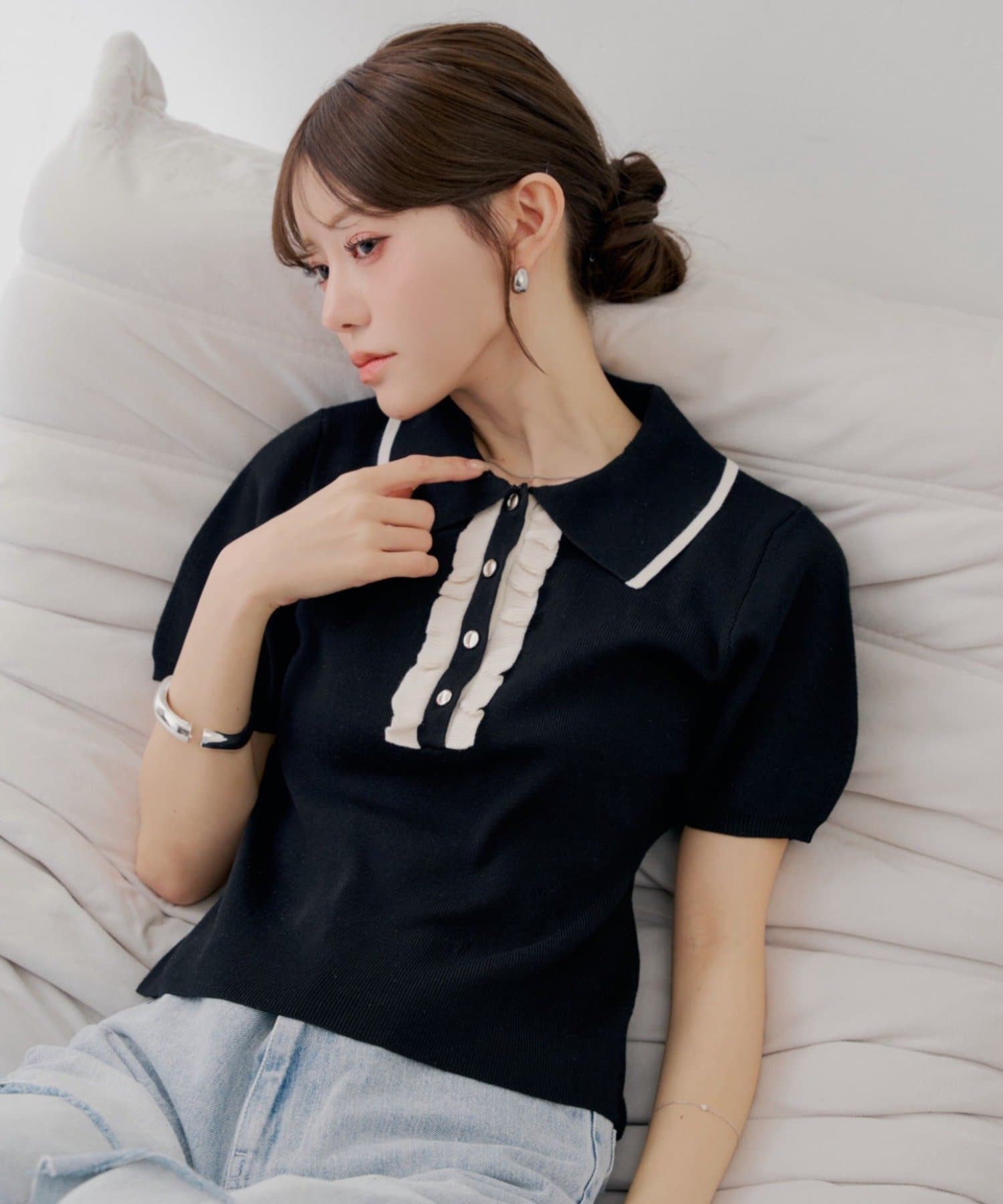 Chico(チコ) 【SALON by Chico】配色ポロ襟ニット