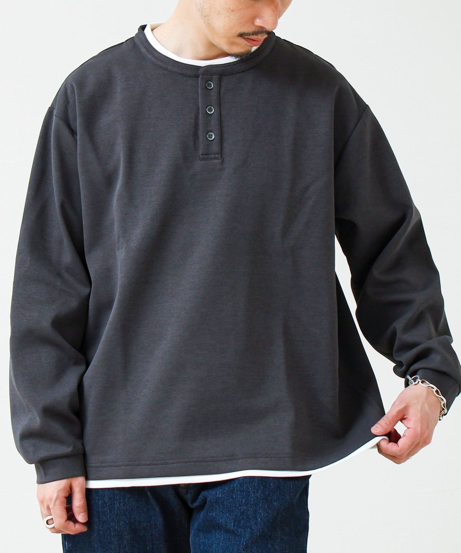 FREDY & GLOSTER(フレディ アンド グロスター) 【1枚で完成する】杢ダンボール ヘンリーネックフェイクレイヤー ロンT