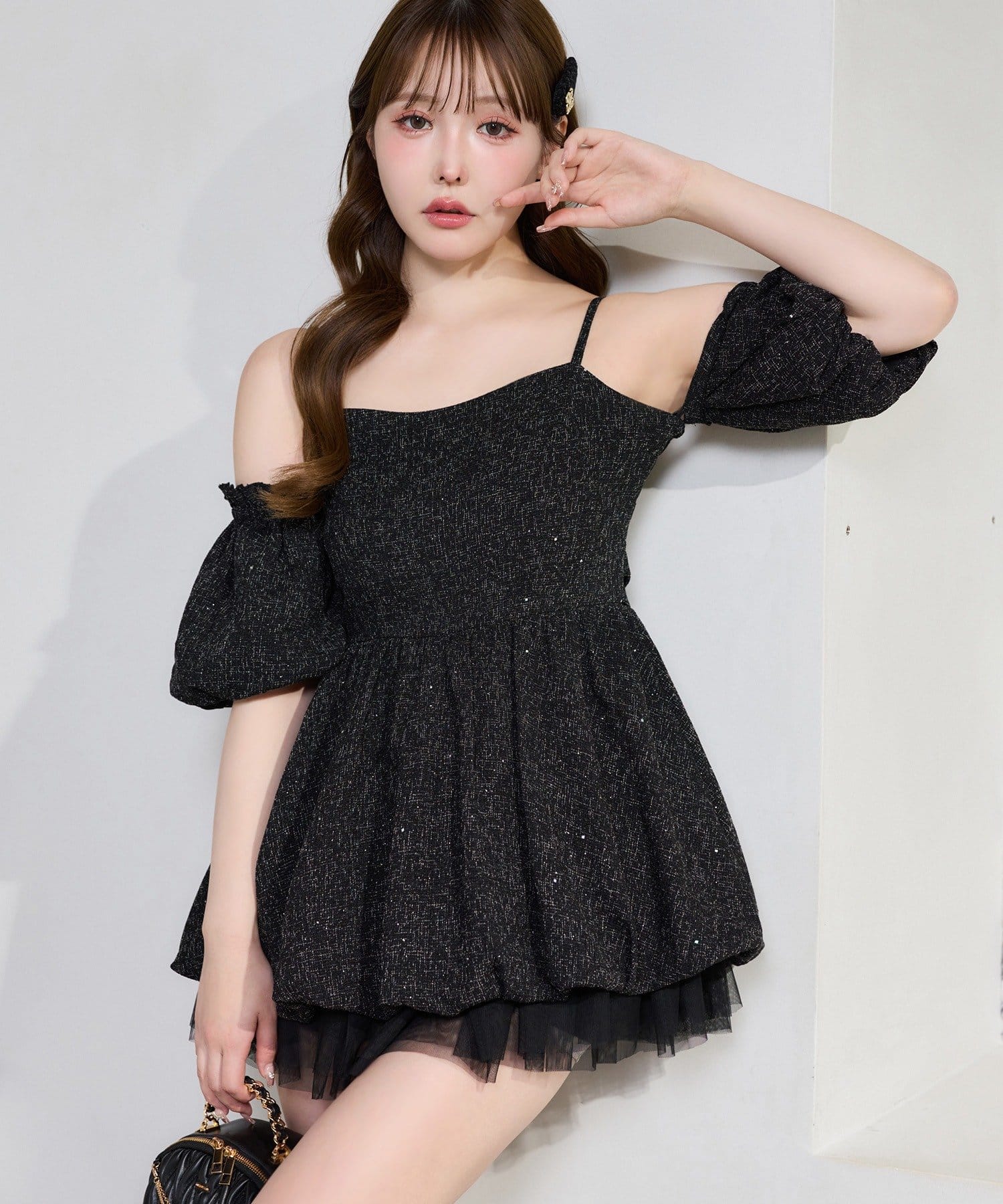 one after another NICE CLAUP(ワンアフターアナザー ナイスクラップ) 【Black Ribbon Collection】異素材バルーンミニワンピース