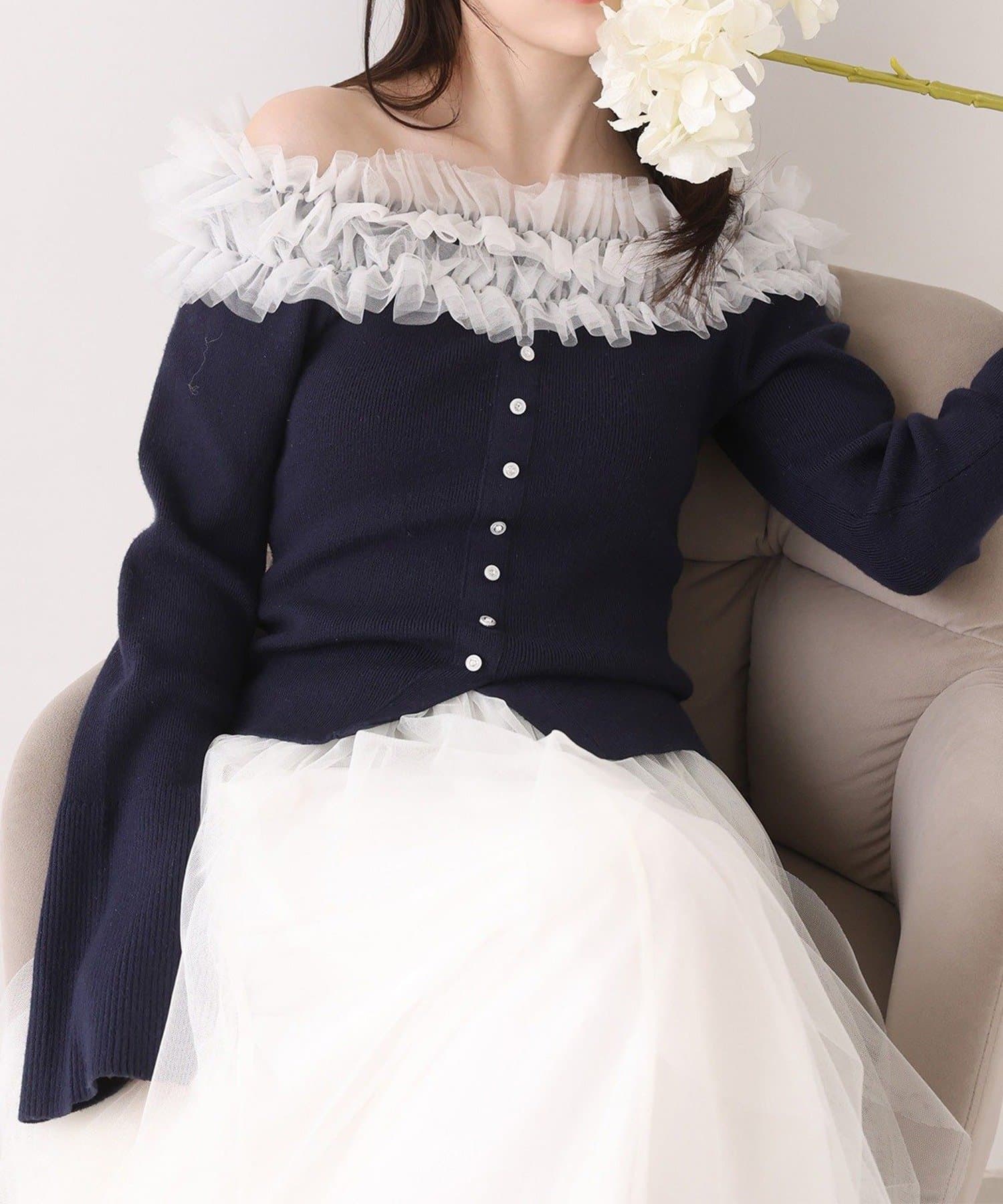 NICE CLAUP / OLIVE des OLIVE OUTLET(ナイスクラップ  / オリーブ デ オリーブ アウトレット) 【one after another】チュールフリルオフショルニット