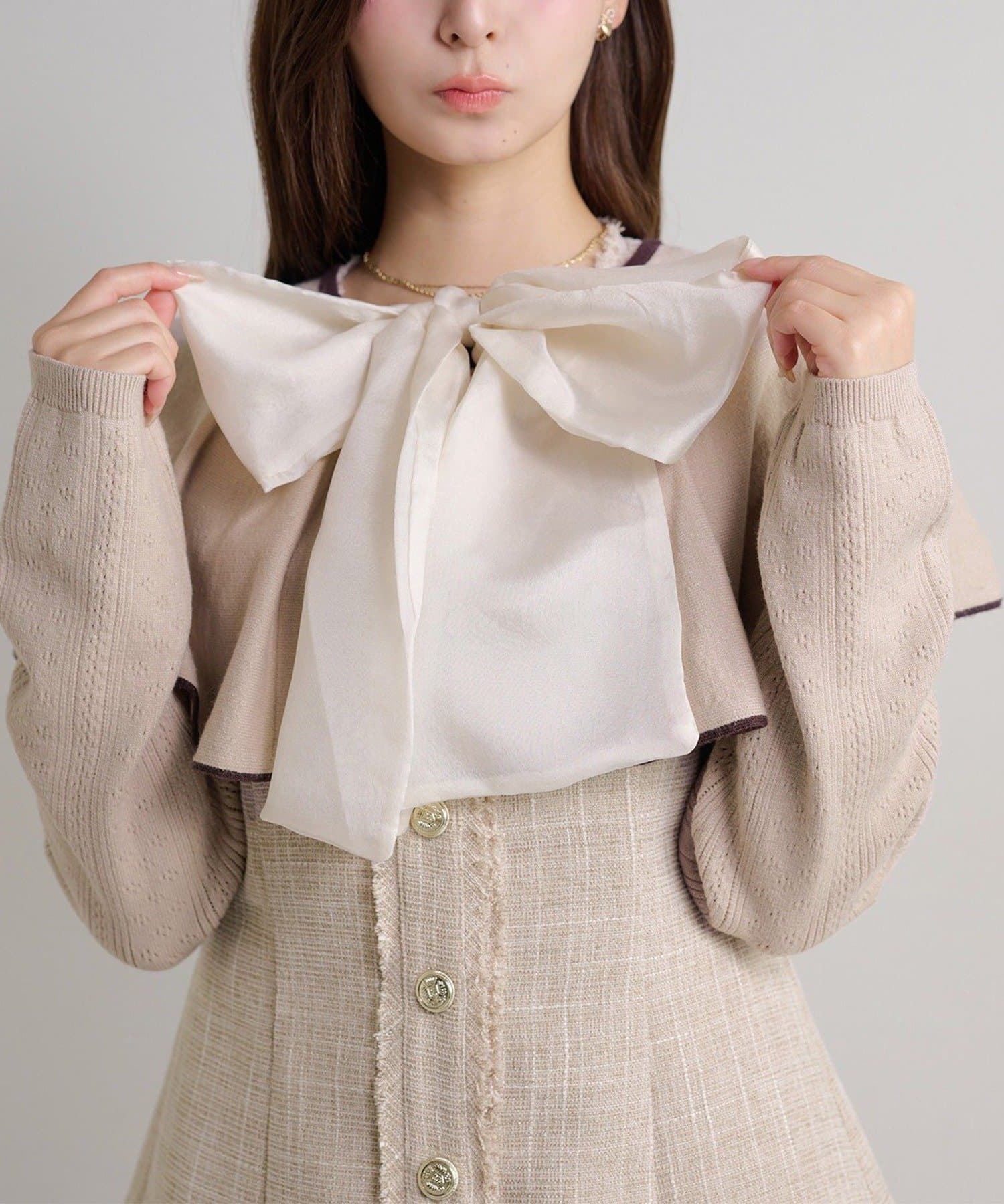 NICE CLAUP / OLIVE des OLIVE OUTLET(ナイスクラップ  / オリーブ デ オリーブ アウトレット) 【Seemi.】【ケープ取り外し可能】ボウタイアイレットカーディガン