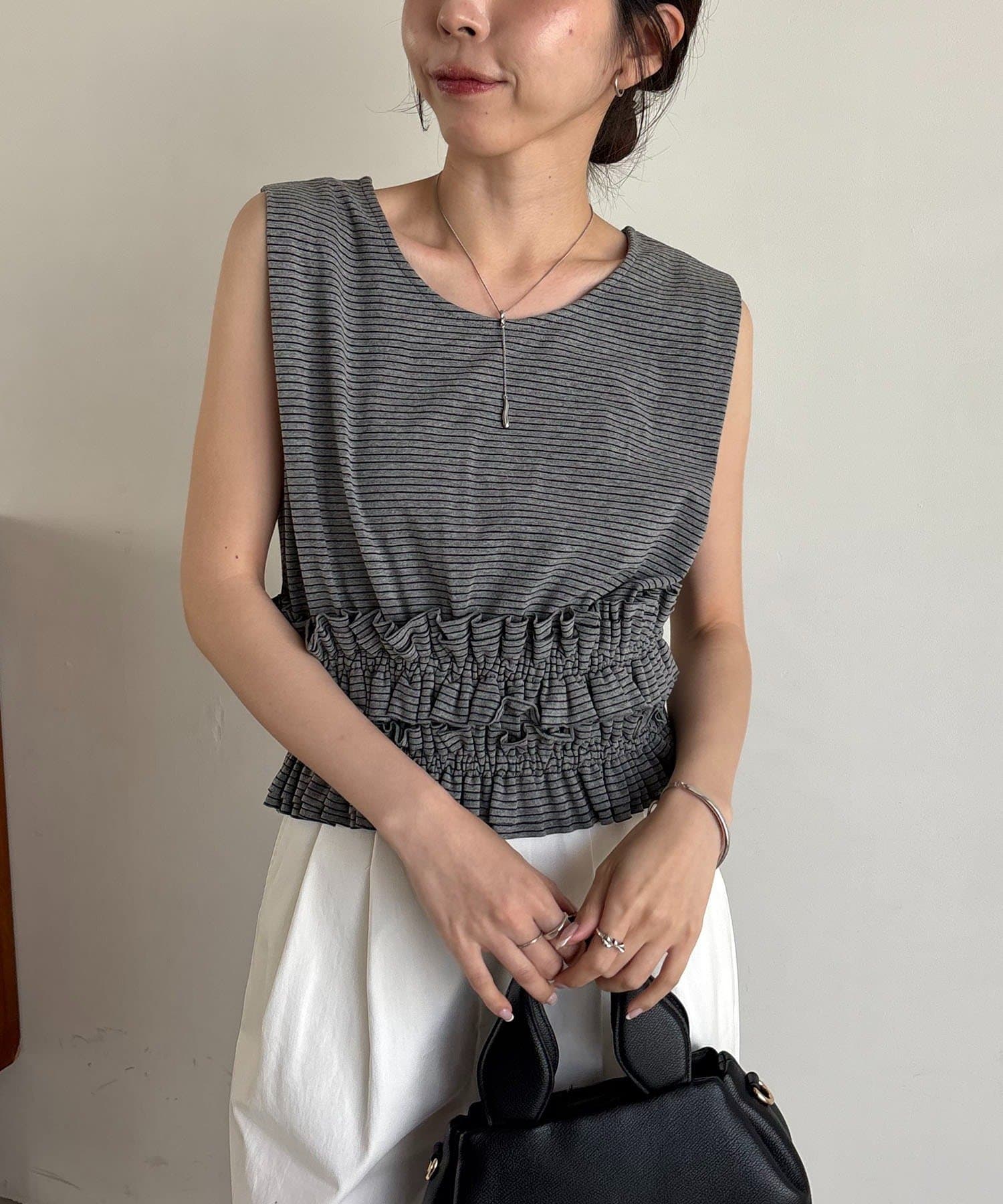 CAPRICIEUX LE'MAGE(カプリシュレマージュ) 【肩回りカバー/前後2WAY】ボーダー裾ギャザーT