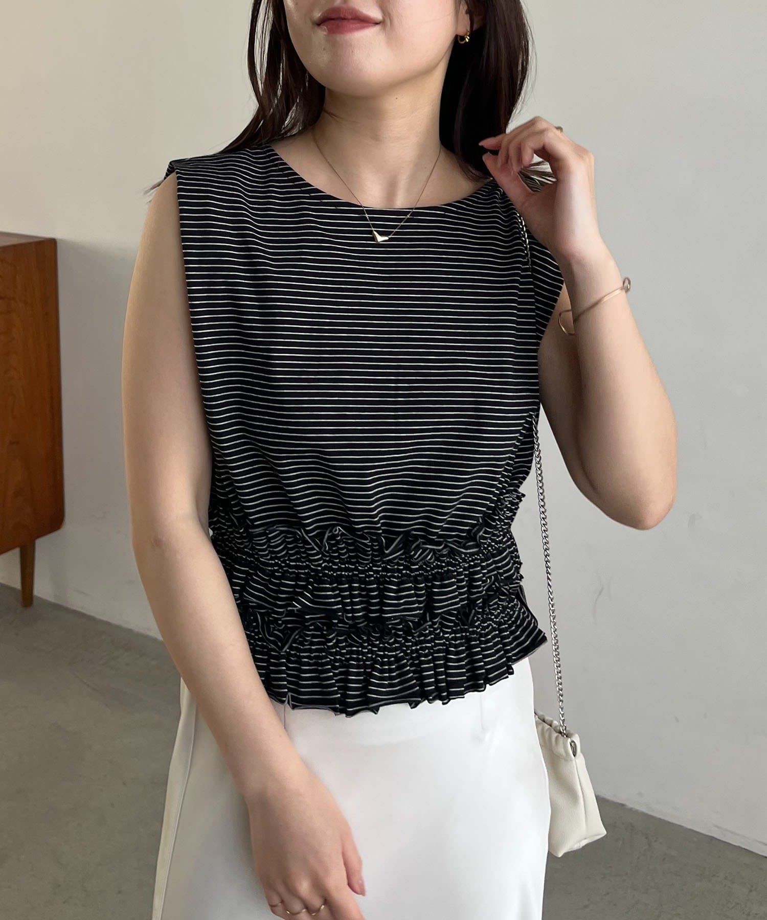 CAPRICIEUX LE'MAGE(カプリシュレマージュ) 【肩回りカバー/前後2WAY】ボーダー裾ギャザーT