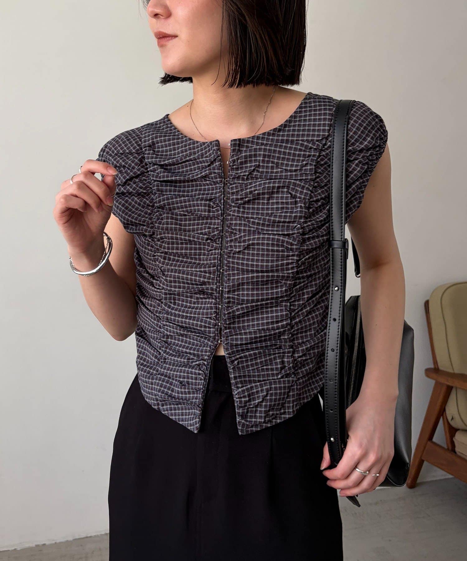 CAPRICIEUX LE'MAGE(カプリシュレマージュ) 【洗濯可/着やせ効果◎】チェックギャザーブラウス