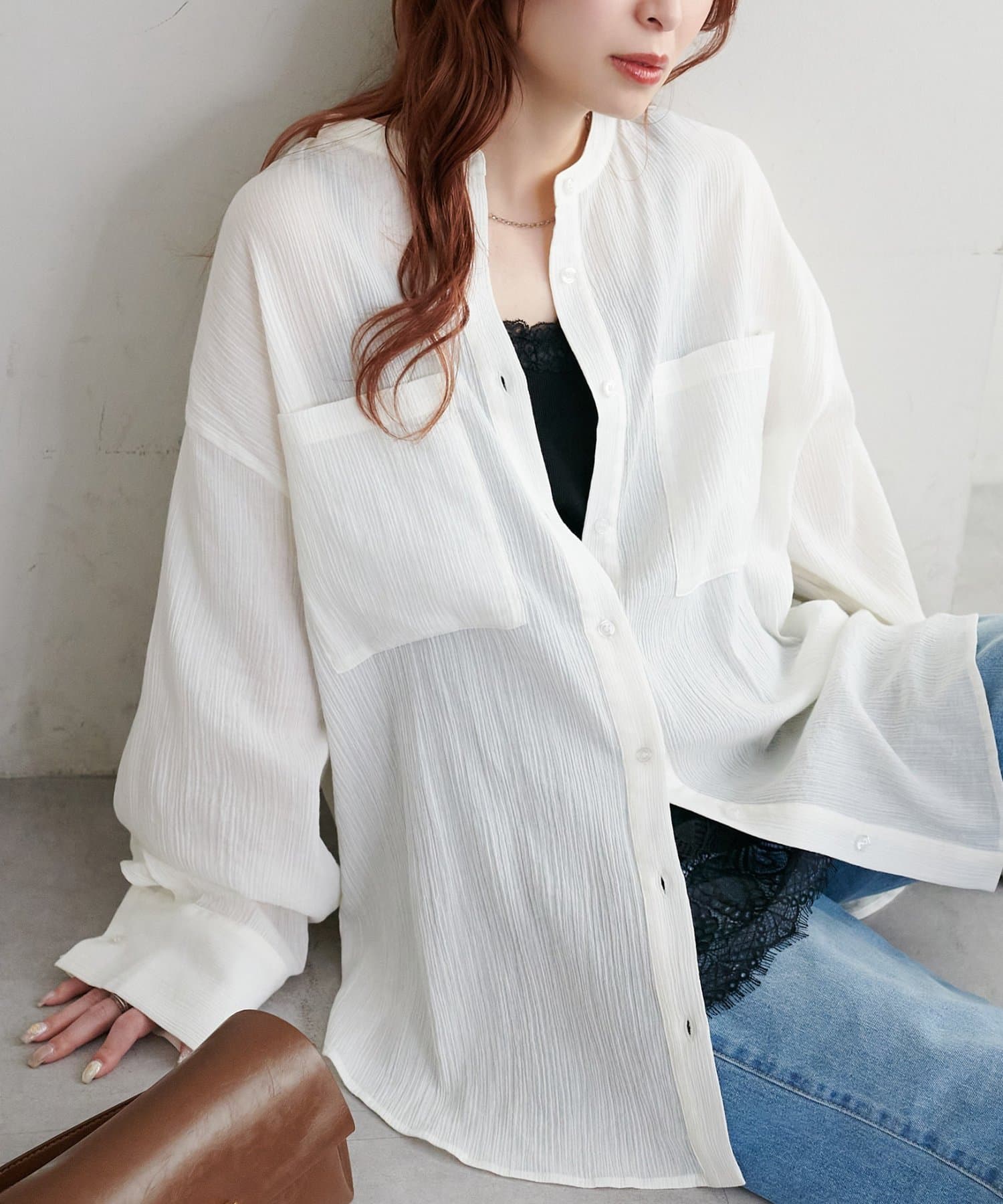 DISCOAT(ディスコート) 【WEB限定】シアー楊柳ノーカラーシャツ