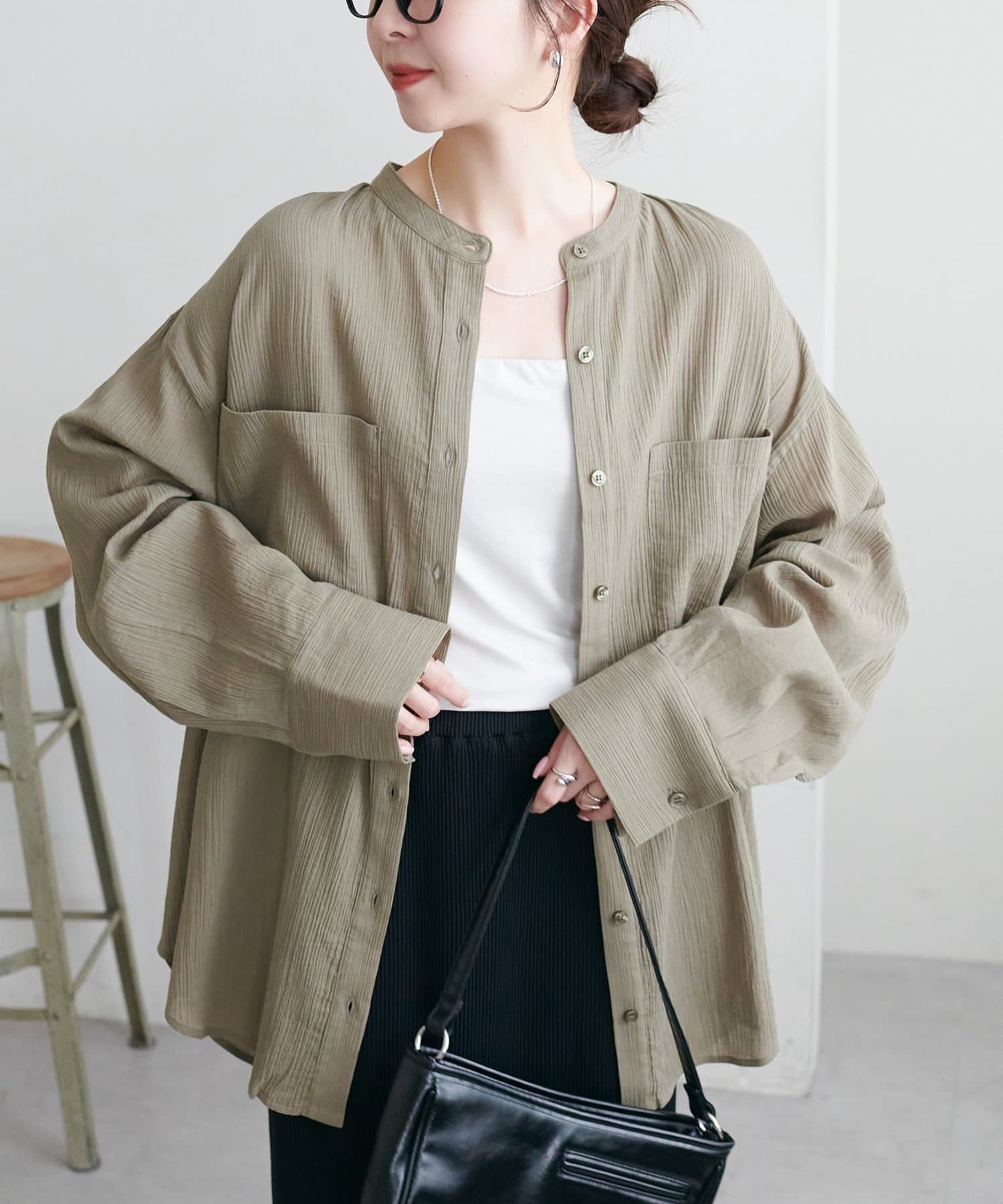 DISCOAT(ディスコート) 【WEB限定】シアー楊柳ノーカラーシャツ