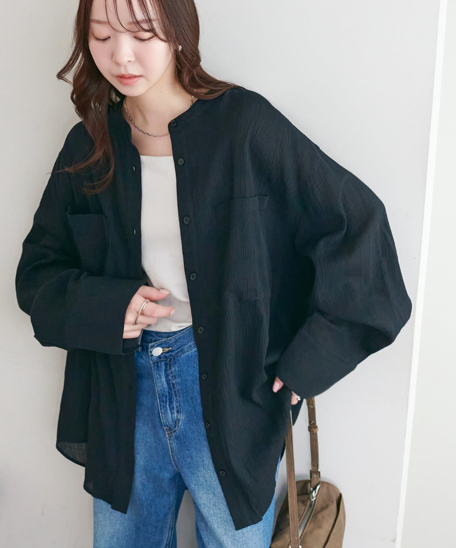 DISCOAT(ディスコート) 【WEB限定】シアー楊柳ノーカラーシャツ