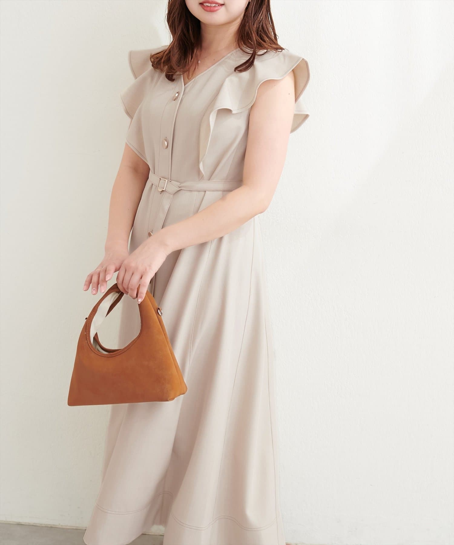 natural couture(ナチュラルクチュール) 〈canami〉配色ステッチラッフル袖ワンピース