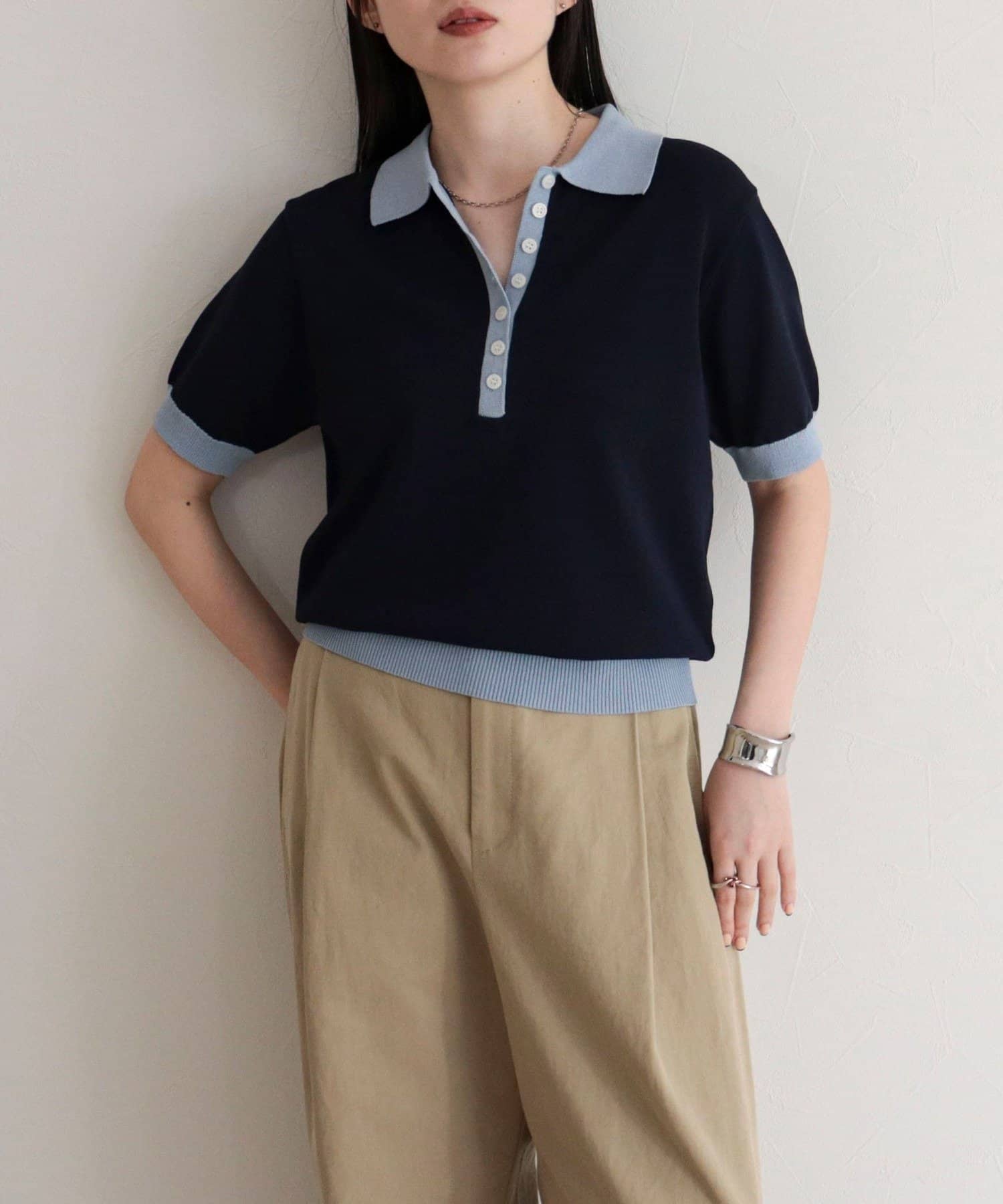 FREDY & GLOSTER(フレディ アンド グロスター) 【接触冷感】配色ポロ衿半袖ニットプルオーバー