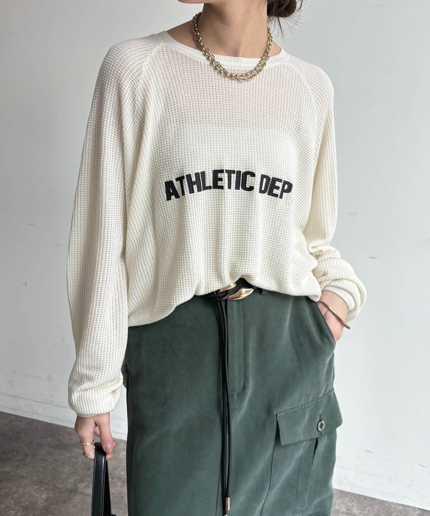 DOUDOU(ドゥドゥ) ワッフル編みロゴプリントニット