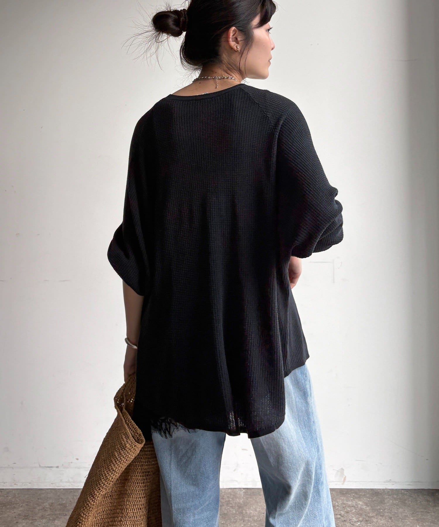 DOUDOU(ドゥドゥ) ワッフル編みロゴプリントニット