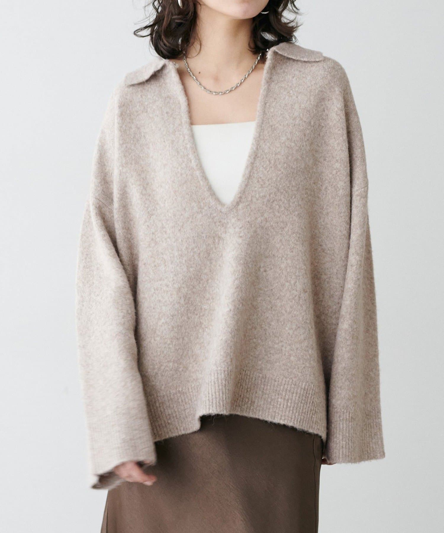 NICE CLAUP / OLIVE des OLIVE OUTLET(ナイスクラップ  / オリーブ デ オリーブ アウトレット) 【LARUTA】衿付きキーネック杢ニット