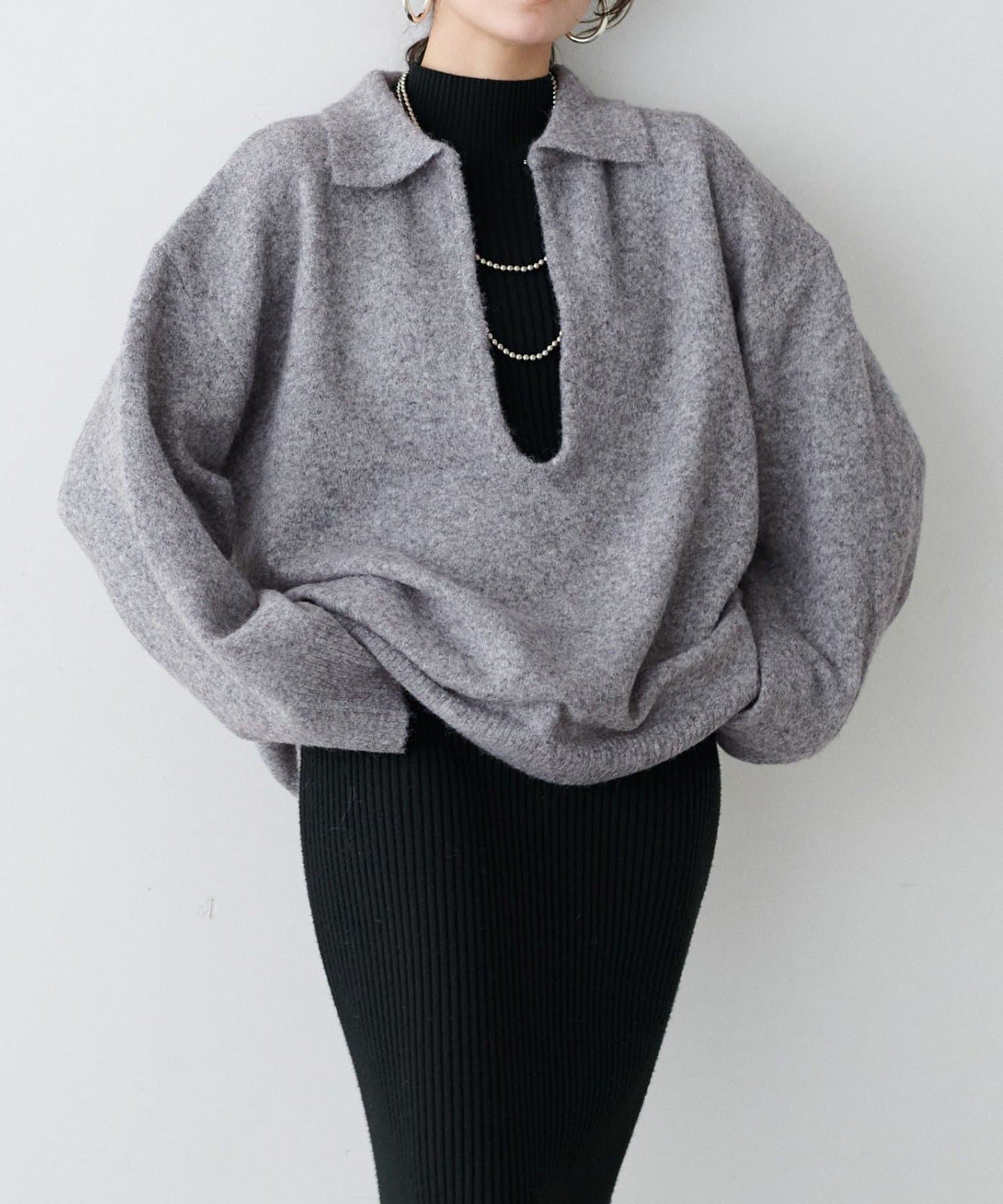 NICE CLAUP / OLIVE des OLIVE OUTLET(ナイスクラップ  / オリーブ デ オリーブ アウトレット) 【LARUTA】衿付きキーネック杢ニット