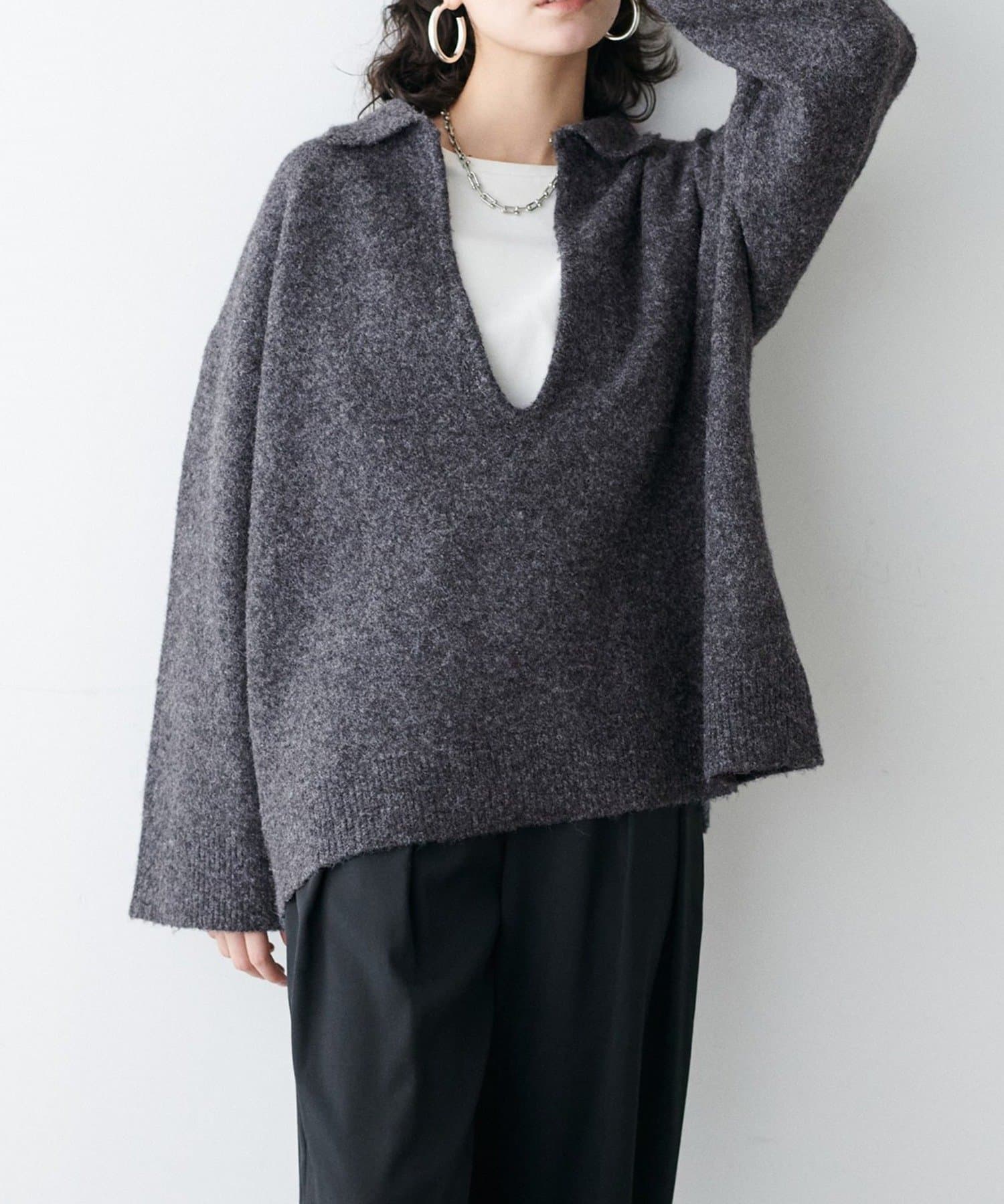 NICE CLAUP / OLIVE des OLIVE OUTLET(ナイスクラップ  / オリーブ デ オリーブ アウトレット) 【LARUTA】衿付きキーネック杢ニット