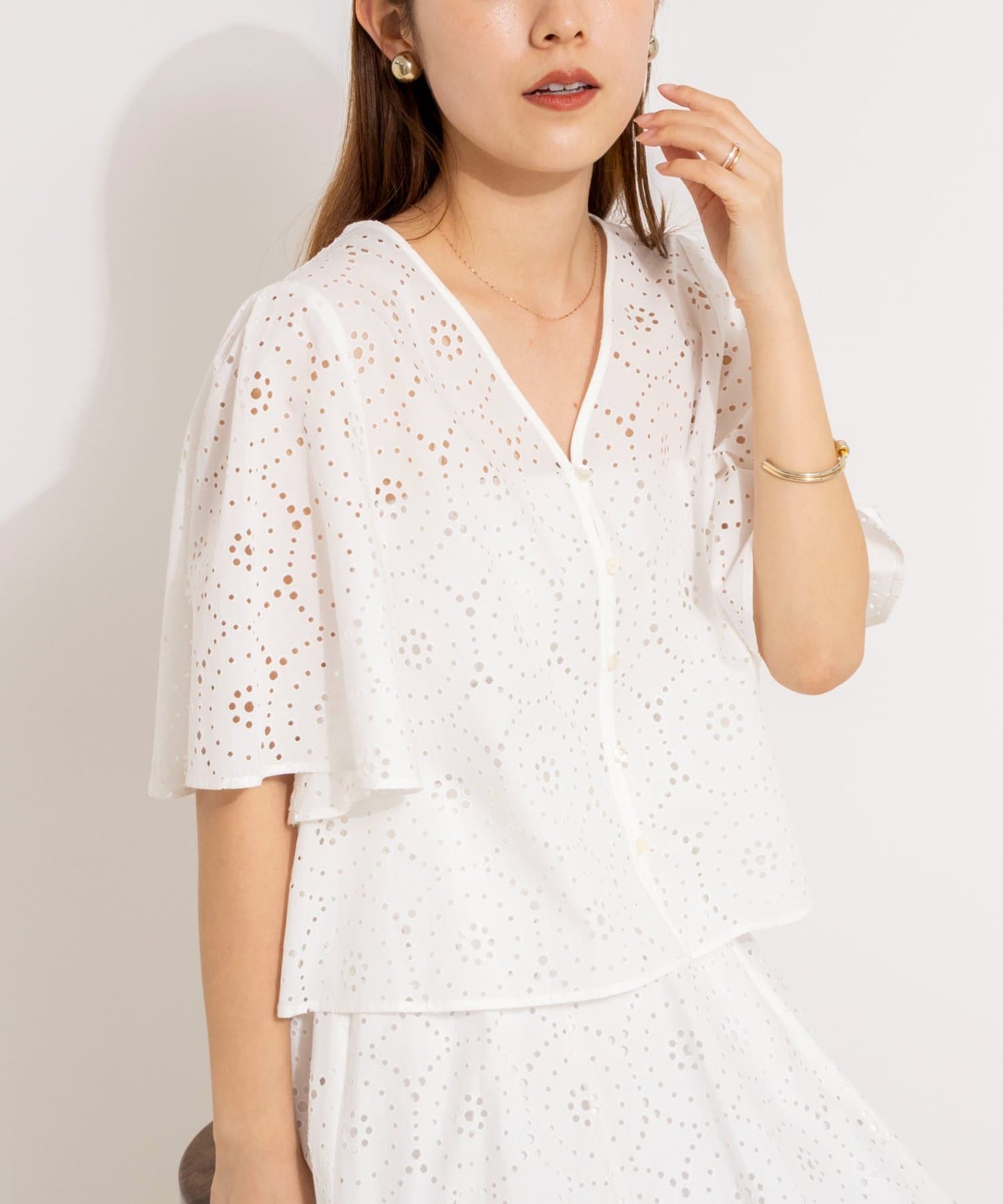 NOLLEY'S(ノーリーズ) 《セットアップ対応》ウォッシャブルフレアスリーブレースブラウス