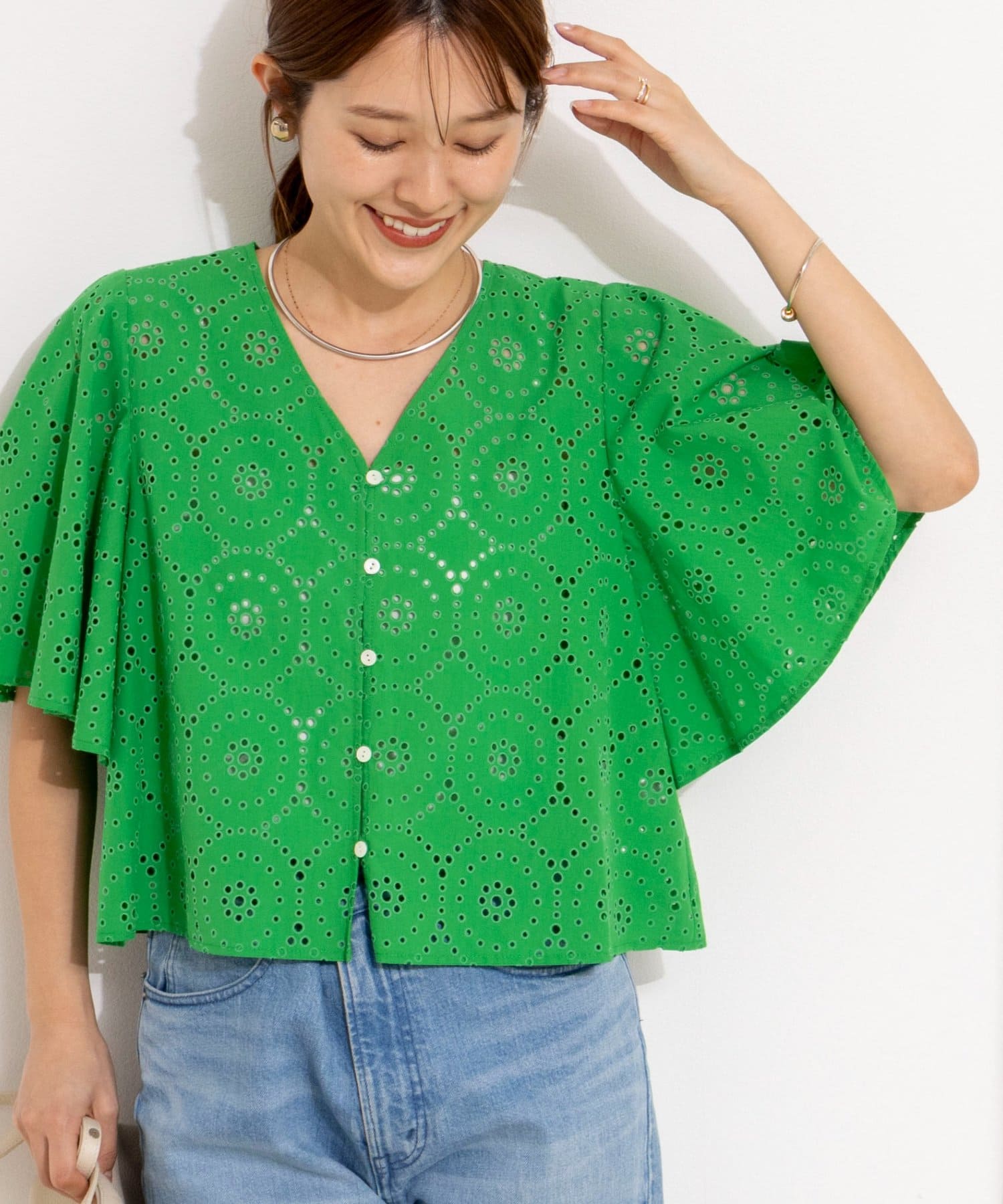 NOLLEY'S(ノーリーズ) 《セットアップ対応》ウォッシャブルフレアスリーブレースブラウス