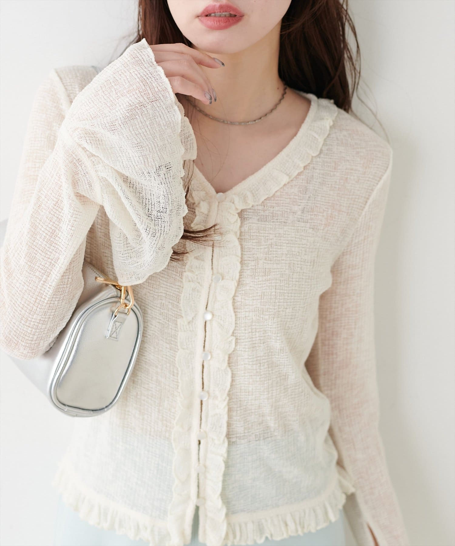 natural couture(ナチュラルクチュール) フリルデザインカットカーディガン