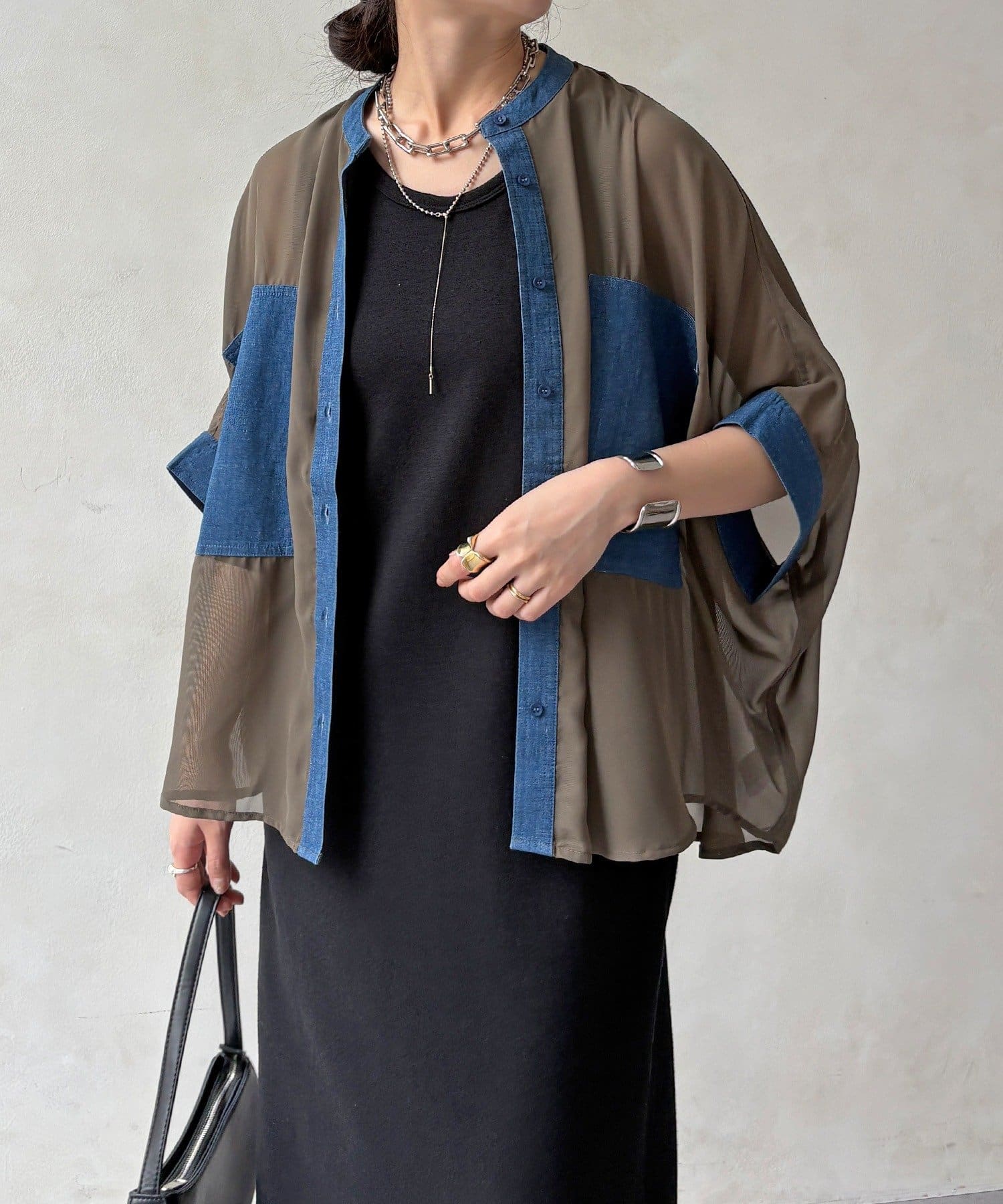 DOUDOU(ドゥドゥ) 【WEB限定】デニム切替シアーシャツ