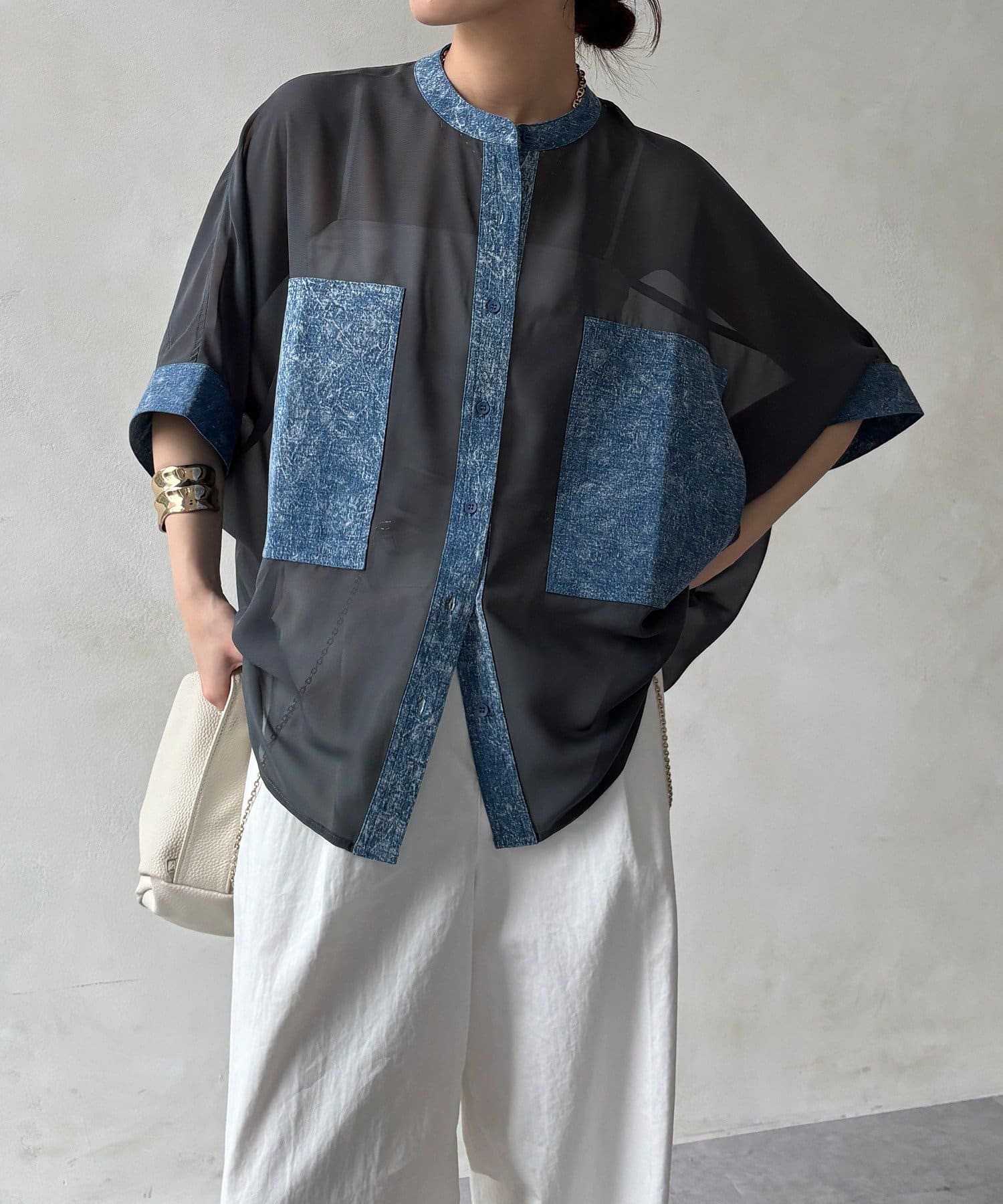 DOUDOU(ドゥドゥ) 【WEB限定】デニム切替シアーシャツ