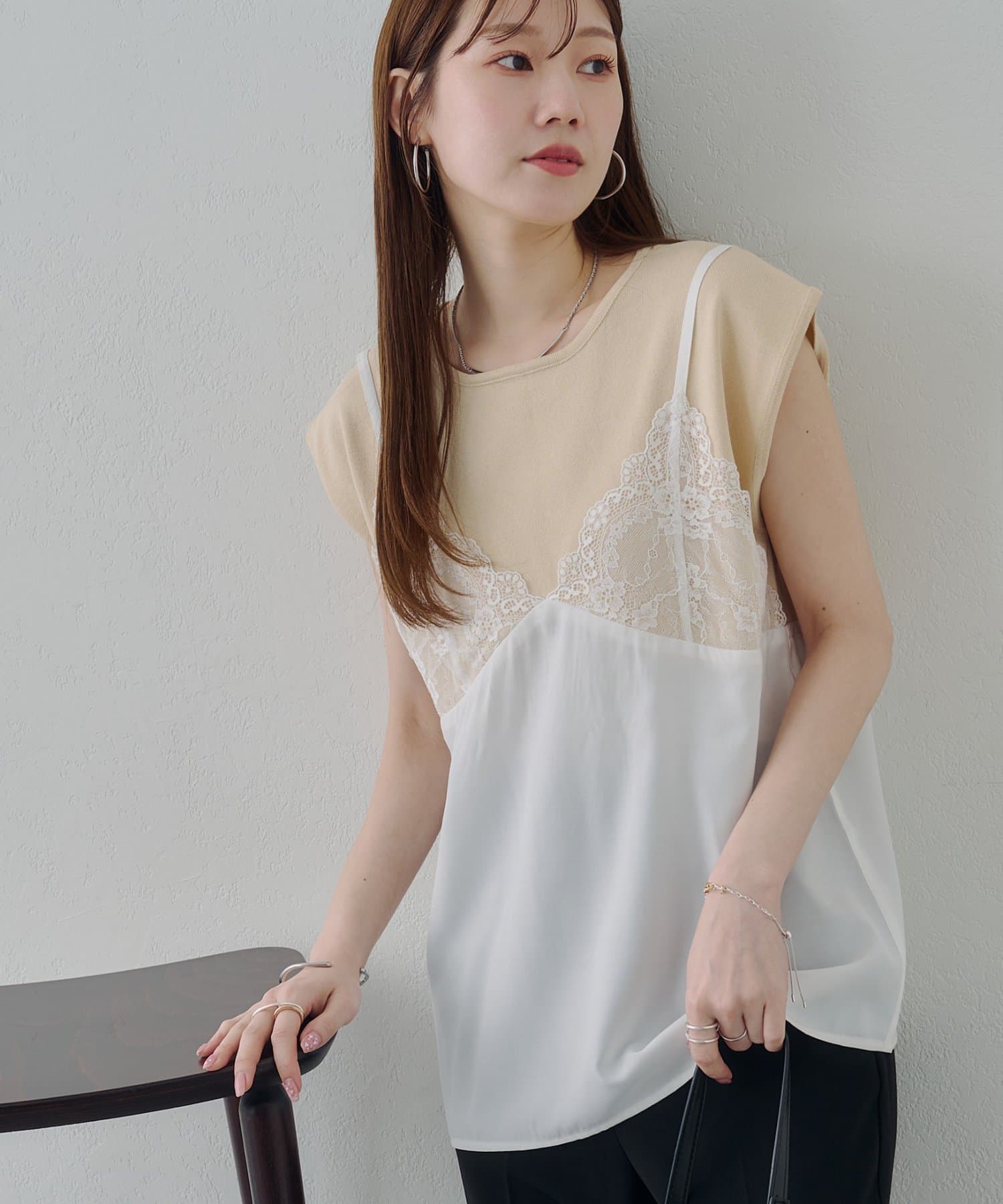 DISCOAT(ディスコート) 【Noka】レースキャミドッキング半袖ニット